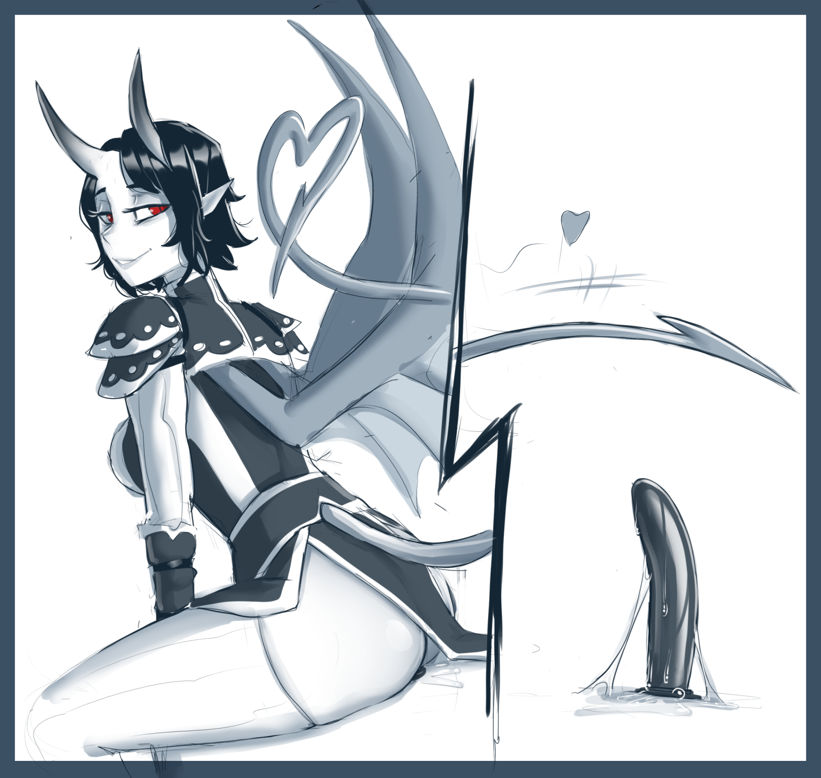 arueshalae, darkminou, demon girl, demon horns, demon tail, demon wings, dildo, dildo penetration, dildo reveal, dildo sitting, female, horns, looking at viewer, pathfinder, pathfinder wrath of the righteous, pussy, pussy juice, red eyes, short hair, sitting, sitting on dildo, smile, smug, succubus, tail, wings
