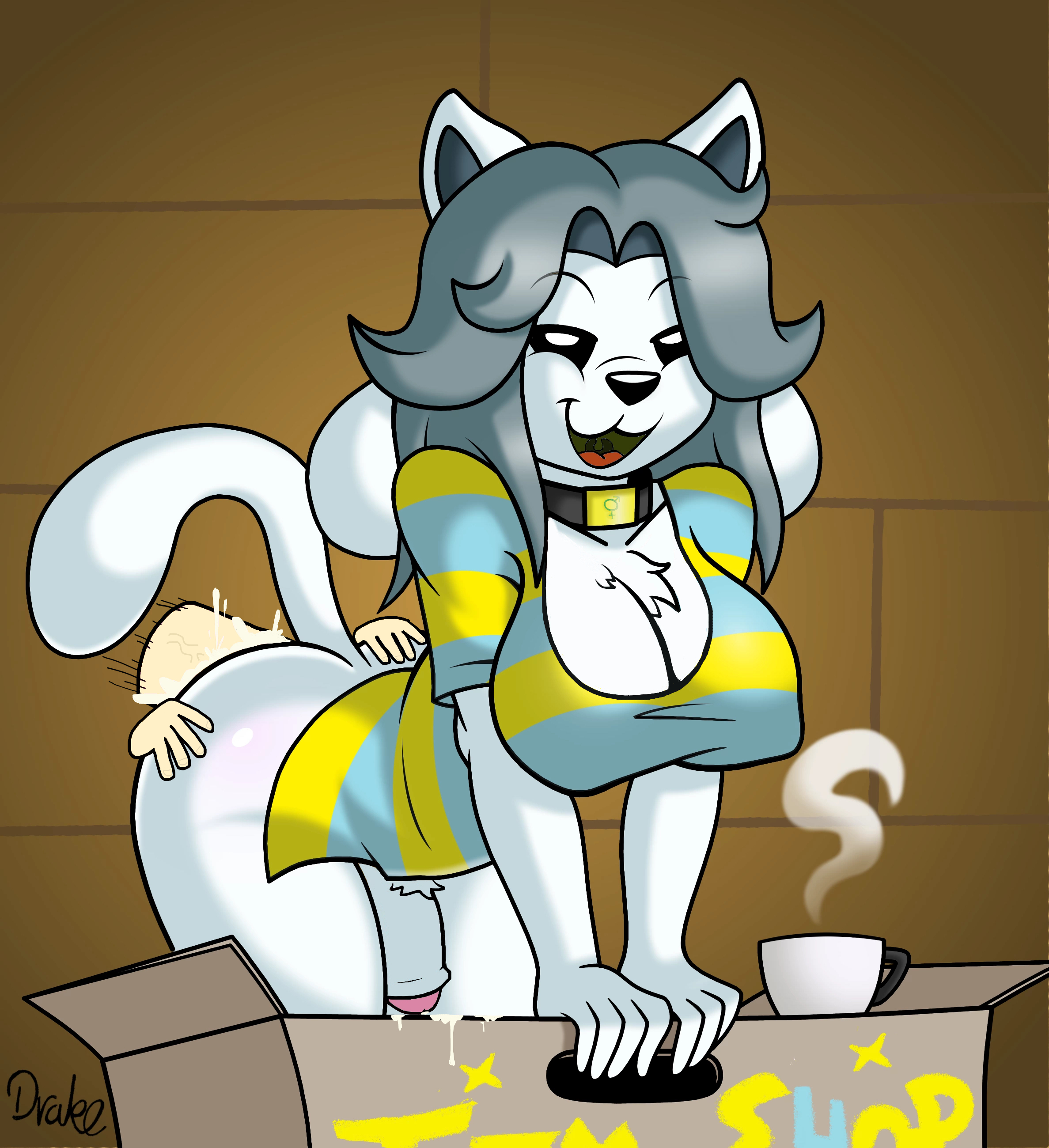 :3, anal, ass, big ass, big breasts, big penis, box, breasts, canine, cat ears, coffee, collar, cum, cum in ass, cum inside, dog ears, doggy style, drako1997, fur, futanari, grey hair, human, intersex, intersex/male, interspecies, male, penetration, penis, pubic hair, sex, slobbyslapper edit, smile, stripes, tem, temmie, temmie (undertale), thick thighs, thighs, undertale, undertale (series), video games, white fur