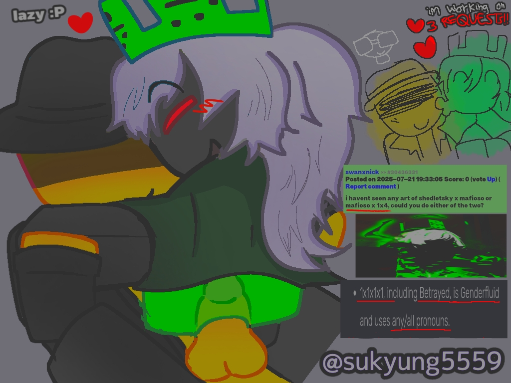 1boy1girl, 1x1x1x1, 1x1x1x1 (forsaken), artist name, betrayed 1x1x1x1, black clothing, black skin, blocky body, eyes covered, fedora, female, forsaken (roblox), green body, mafioso (forsaken), male, penis, red eyes, request, requested, roblox, roblox game, robloxian, rule 34 comment, rule 63, self upload, sex, shadow over eyes, sitting on lap, sitting on penis, straight sex, sukyung5559, tagme, translucent body, transparent body, watermark, white hair, yellow skin