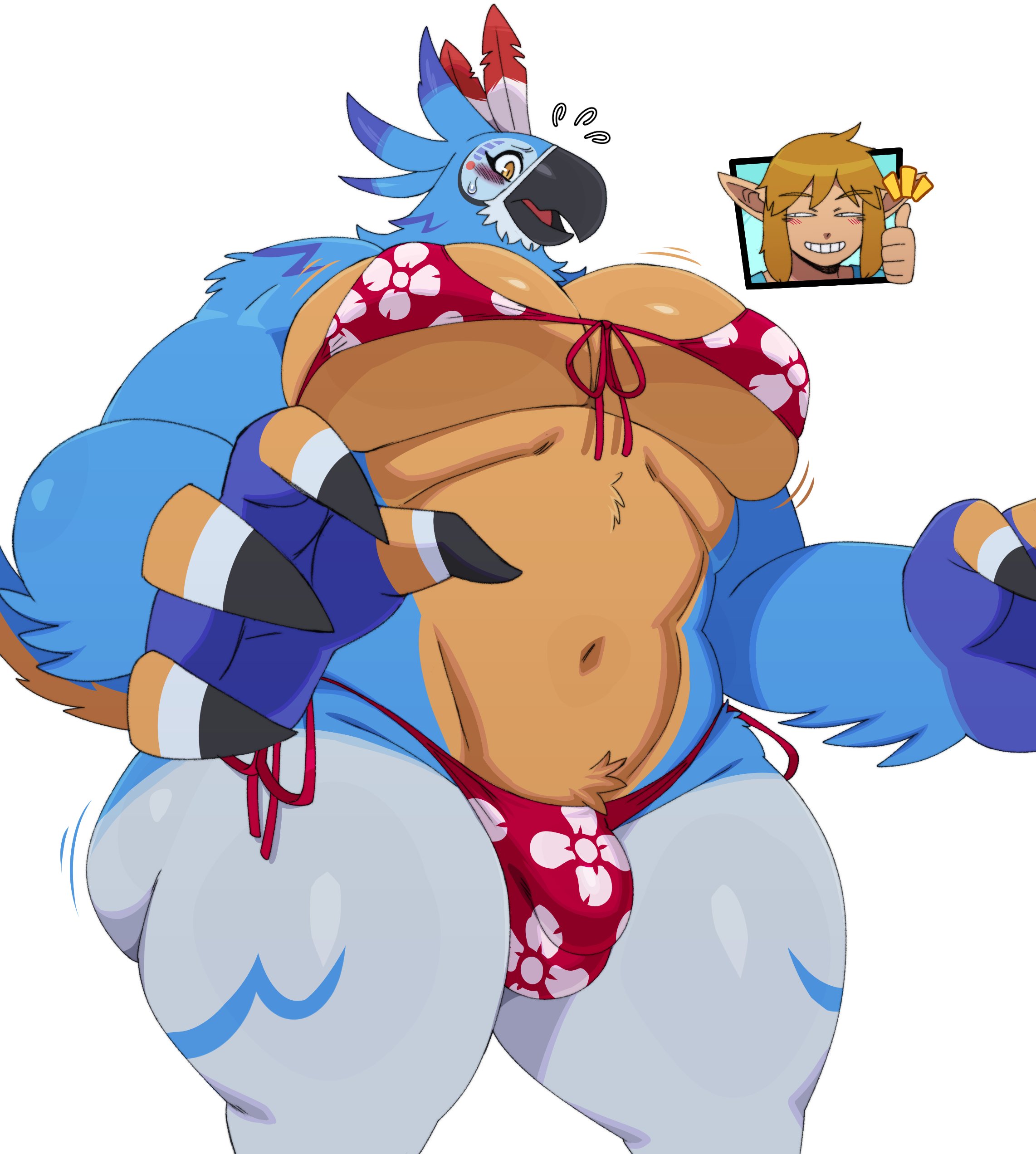 absurd res, anthro, anthro focus, ass, avian, beak, big bulge, big muscles, big pecs, bikini, bird, blonde hair, blue body, blue feathers, bodily fluids, breath of the wild, bulge, clothed, clothing, crossdressing, cutaway, duo, expression cutaway, feather hands, feathers, floral print, front view, furry, gay, gesture, hair, hand gesture, hi res, huge pecs, human, humanoid, humanoid pointy ears, hylian, kass (tloz), kass (zelda), link, male, male only, muscles, muscular, muscular anthro, muscular male, nintendo, pecs, pointy ears, rito, skimpy, solo focus, sssonic2, sweat, sweatdrop, swimwear, the legend of zelda, thick thighs, thumbs up, two-piece swimsuit, yellow body, yellow eyes, yellow feathers