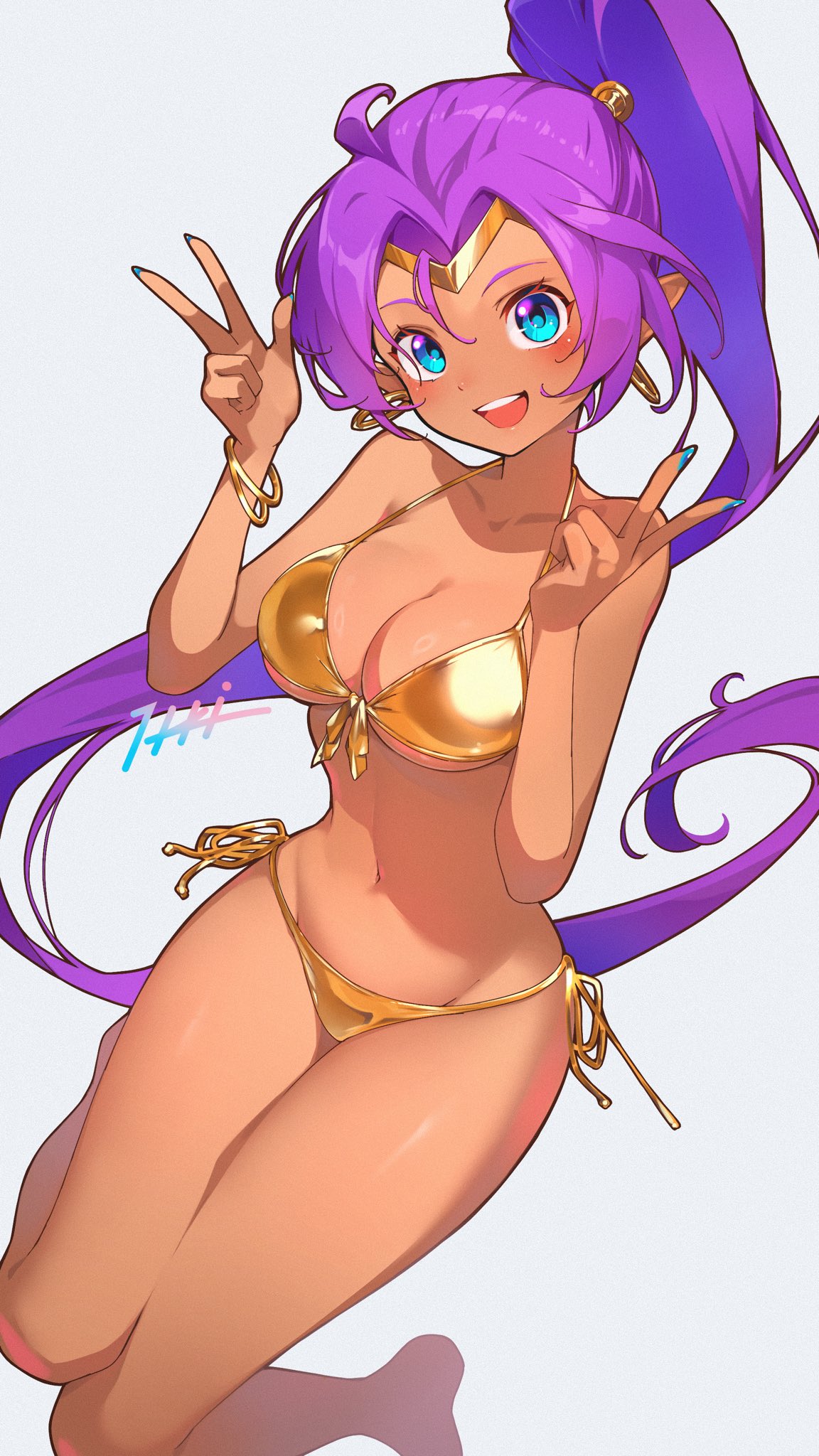 1girls, big breasts, bikini, blue eyes, blue nail polish, blue nails, breasts, brown skin, earrings, female, female focus, female only, front-tie bikini, front-tie bikini top, genie, gold bikini, gold earrings, gold jewelry, gold swimsuit, gold swimwear, golden bikini, golden week, kazillust, large breasts, long hair, pointy ears, ponytail, ponytail female, purple hair, shantae, shantae (character), side-tie bikini, side-tie bikini bottom, simple background, solo, solo female, solo focus, swimsuit, tagme, white background