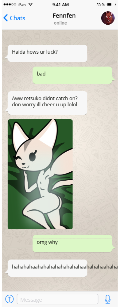 1girls aggressive_retsuko chat_log english_text fennec_fox fenneko flat_chest flat_chested furry haida media mob_face nude straight_hair text_messaging