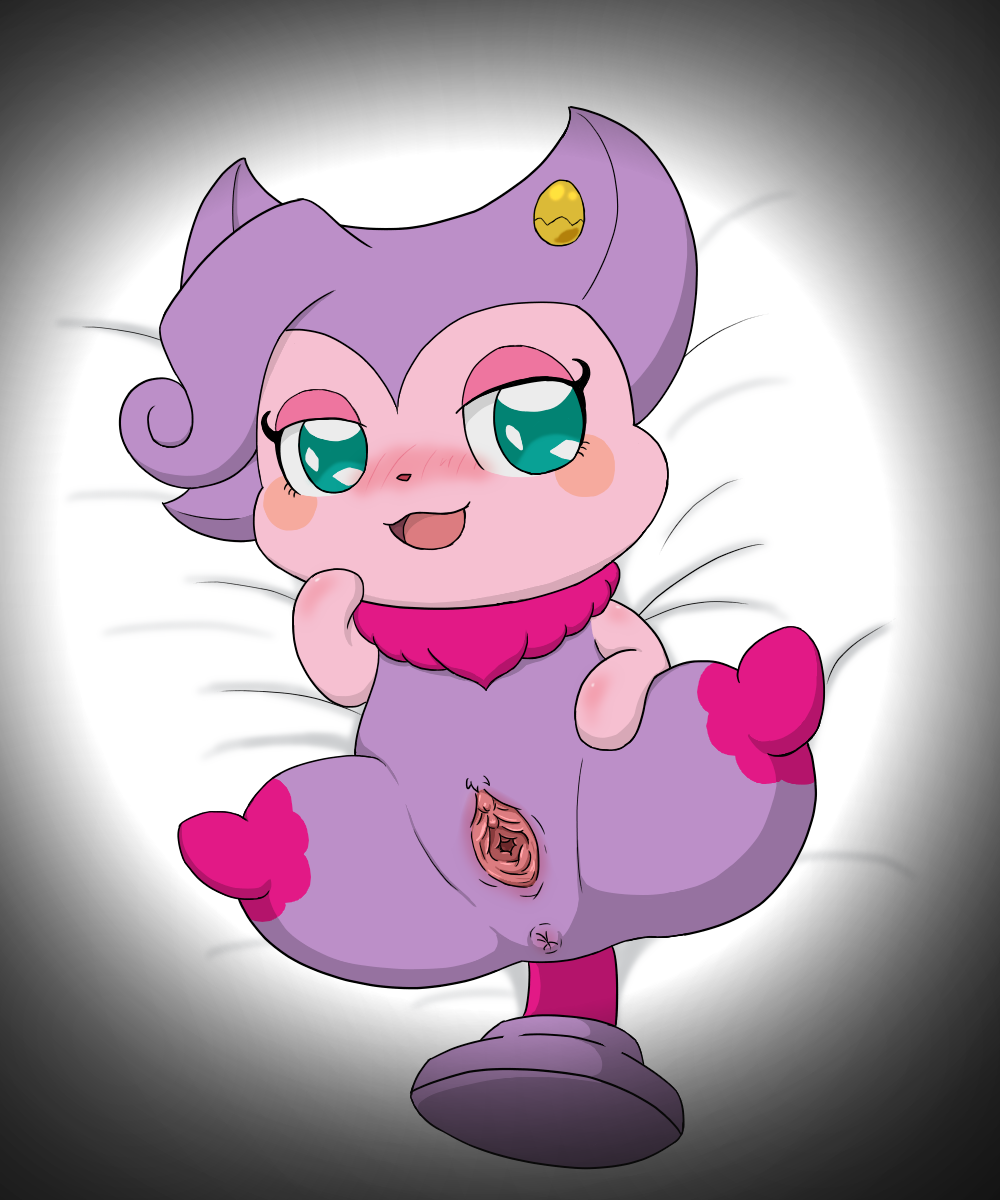 anthro anus bed_sheet bedding blush blush_sticker cocotama dream_maker_watanabe eyelashes featureless_limbs female fur gaping gaping_pussy green_eyes hair hi_res himitsu_no_cocotama looking_at_viewer lying mammal nude on_back open_mouth presenting presenting_pussy pubes purple_fur purple_hair pussy semi-anthro solo spread_legs spreading tama-shine tongue