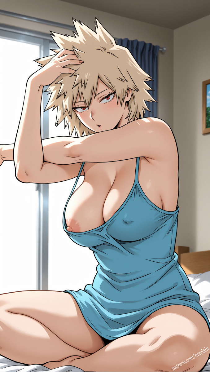ai generated, areolae, areolae slip, blonde female, blonde hair, breasts, breasts out, female, legs crossed, looking at viewer, may rain, medium breasts, milf, mitsuki bakugou, morning, my hero academia, night shirt, nipple slip, nipples, on bed, red eyes, sitting on bed, solo, solo female, solo focus, spiky hair, stretching, waking up