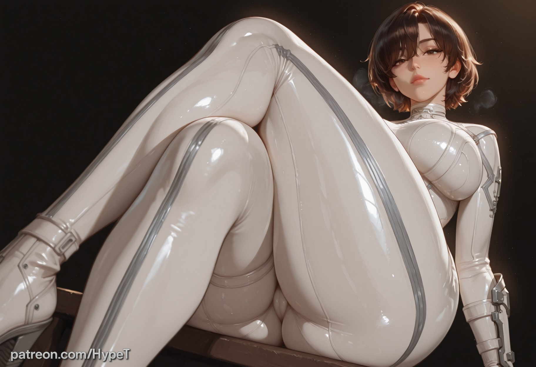 1girl, ai generated, alternate version at source, asian, asian female, big ass, big butt, big hips, bodysuit, brown hair, child bearing hips, crossed legs, evie (stellar blade), hips wider than shoulders, huge ass, hypet, medium breasts, shift up, shiny, shiny skin, short hair, simple background, steam, steaming body, stellar blade, stellar blade: blood rain, tagme, thick, thick ass, thick hips, thick legs, thick thighs, thighs, tight clothing, tight fit, tomboy, white bodysuit, wide hips