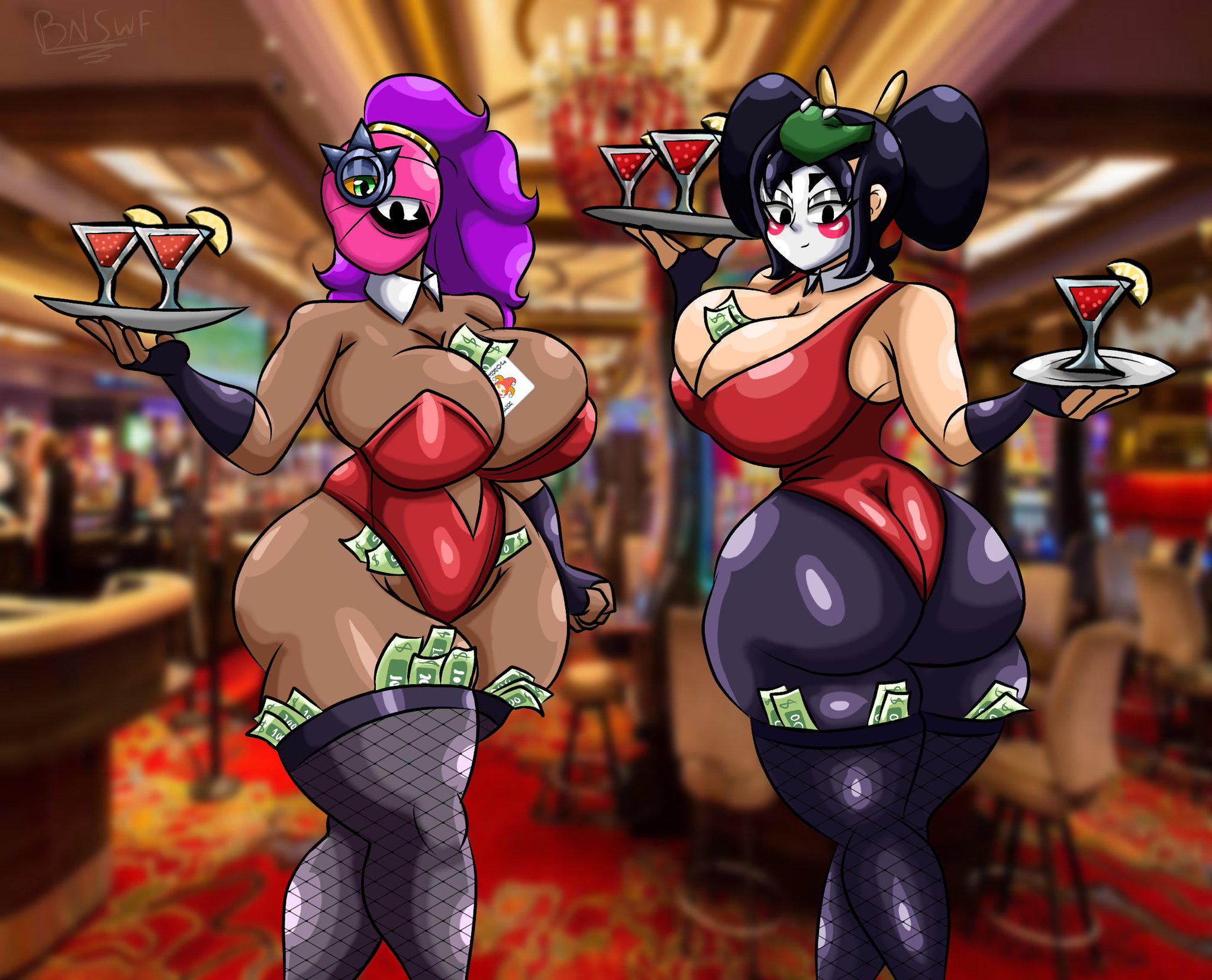2girls, balatro, big ass, big breasts, big butt, brawl stars, breasts, bsnsfw9 (artist), casino, drinks, female, hostess, jimbo (balatro), kaze (brawl stars), money, prostitution, supercell, tara (brawl stars), thighs, working