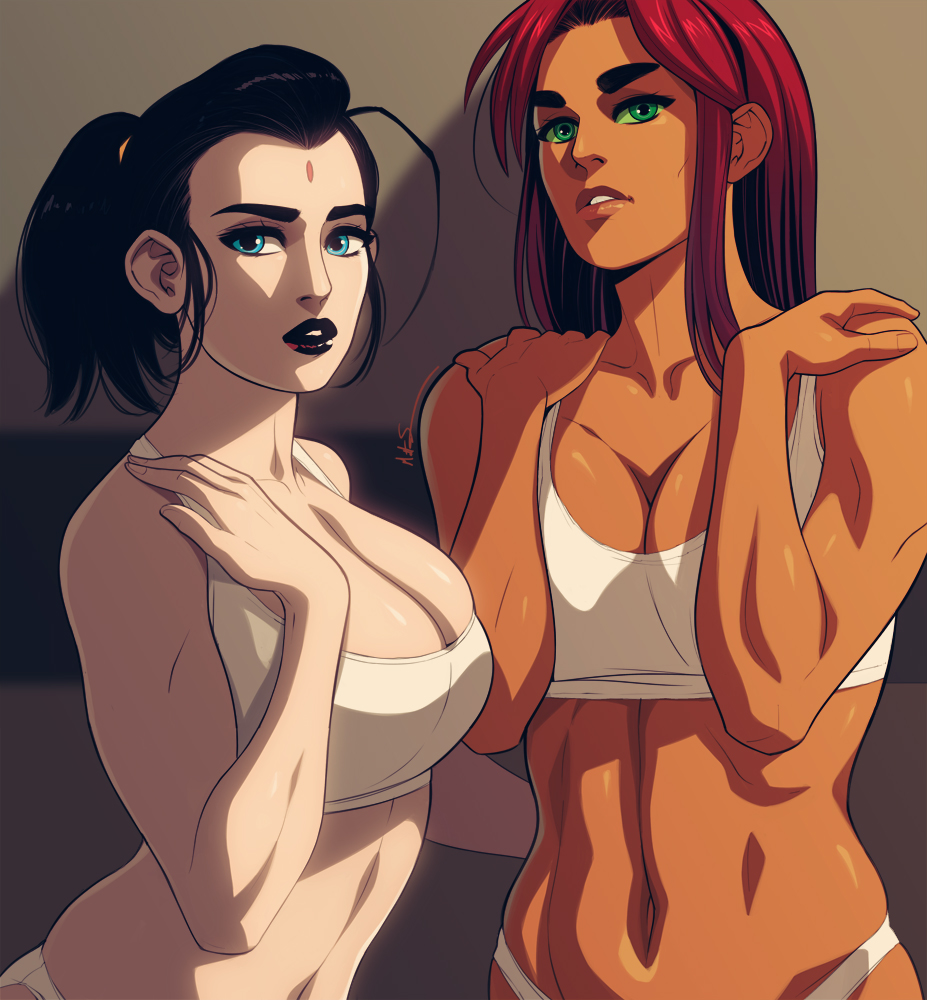 2girls, dark-skinned female, dc, dc comics, female, msperoni, orange hair, purple hair, raven (dc), starfire, starfire (teen titans), teen titans, triplexmile
