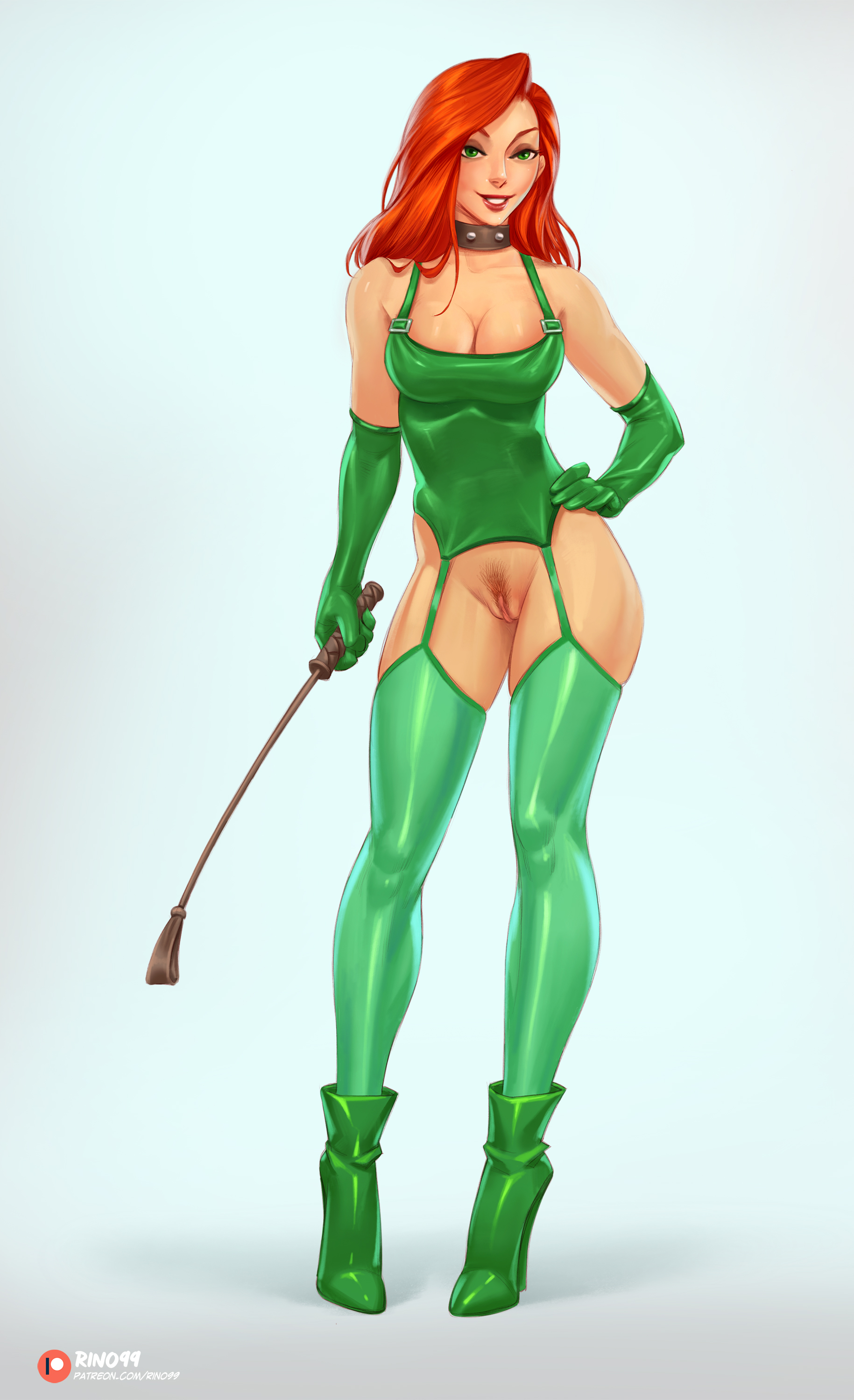 1girls, batman (series), bottomless, choker, cleavage, collar, dc, dc comics, female, female only, gloves, green eyes, high heels, latex, latex gloves, poison ivy, pubic hair, pussy, red hair, rino99, shiny clothes, signature, solo female, stockings, tagme, text, thighhighs, vagina, whip