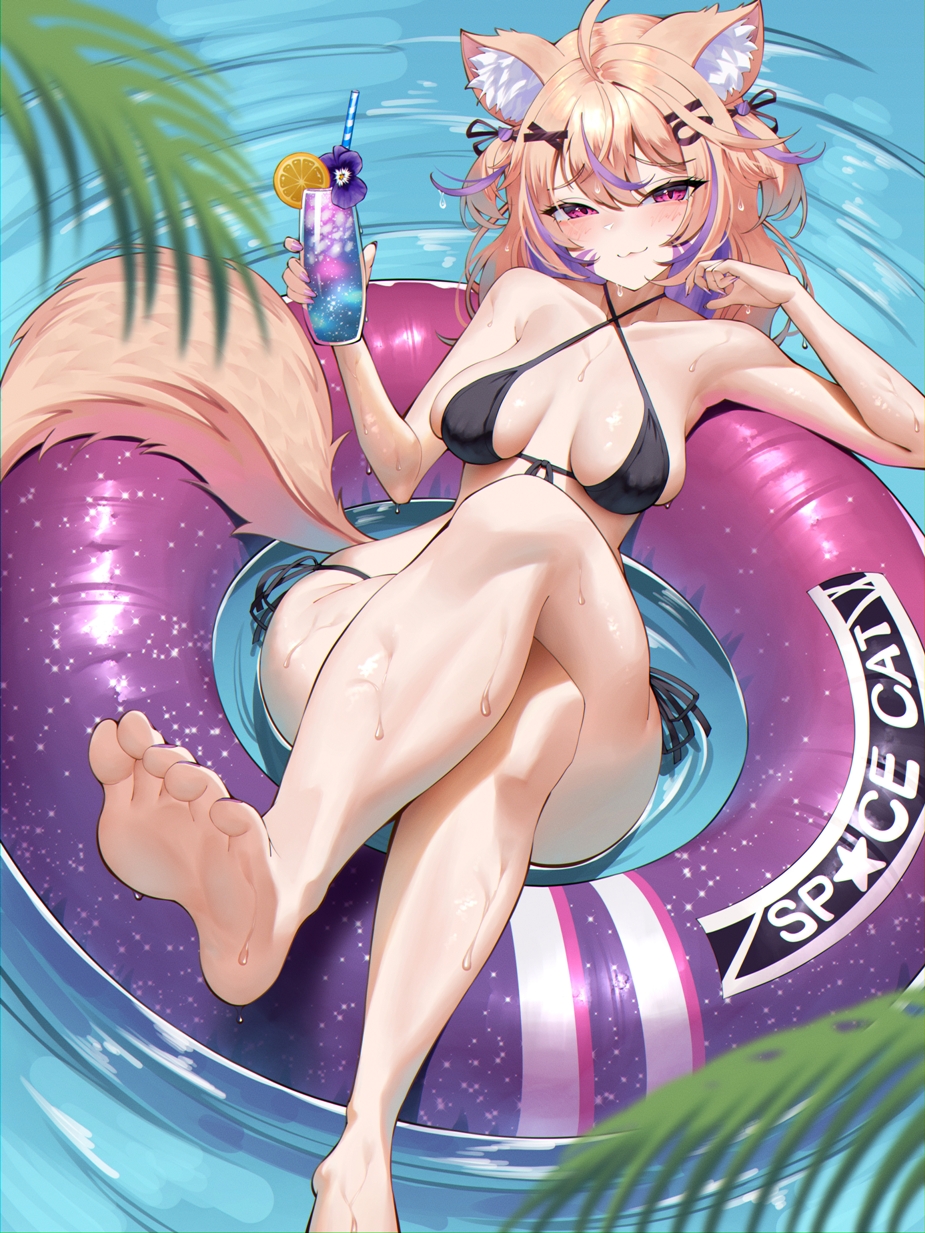animal ear fluff, animal ears, ass, bare shoulders, barefoot, bikini, black bikini, blonde hair, blue shorts, breasts, cup, drink, drinking glass, drinking straw, eyebrows visible through hair, feet, female, hair between eyes, hair ornament, halterneck, holding, holding cup, innertube, looking at viewer, multicolored hair, short hair, shorts, smile, soles, solo, squchan (vtuber), swimsuit, tail, toes, virtual youtuber, vyugen, water, wet