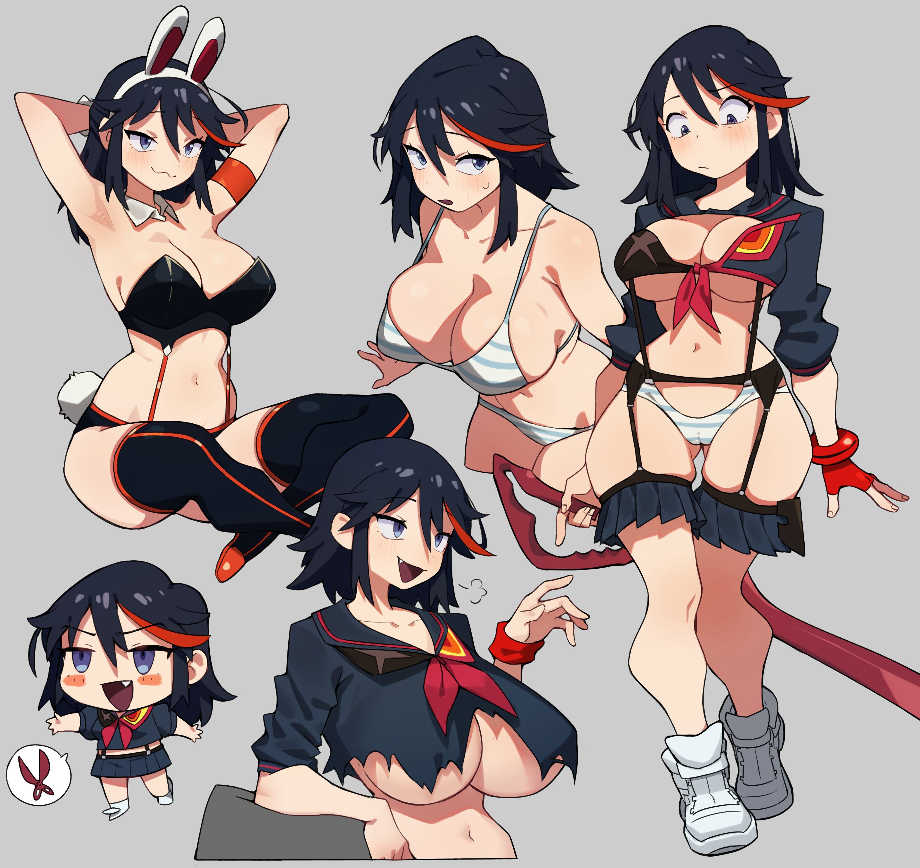 1girls, barely contained breasts, big breasts, black hair, black-haired female, breasts, bunny ears, busty, curvy, female, flowerpigeon73, kill la kill, light skin, light-skinned female, matoi ryuuko, multiple outfits, red streak, scissor blade, senketsu, small waist, sneakers, striped bra, striped panties, thighhighs, torn clothes, underboob