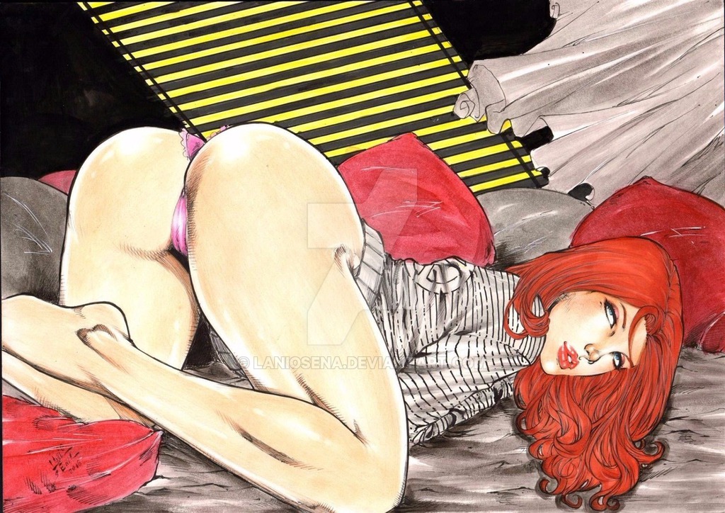1girls ass ass_up blue_eyes ed_benes_studio female female_only homo_superior jean_grey lanio_sena long_hair looking_at_viewer lying marvel marvel_comics mutant panties pillows red_hair solo telepath thong watermark x-men
