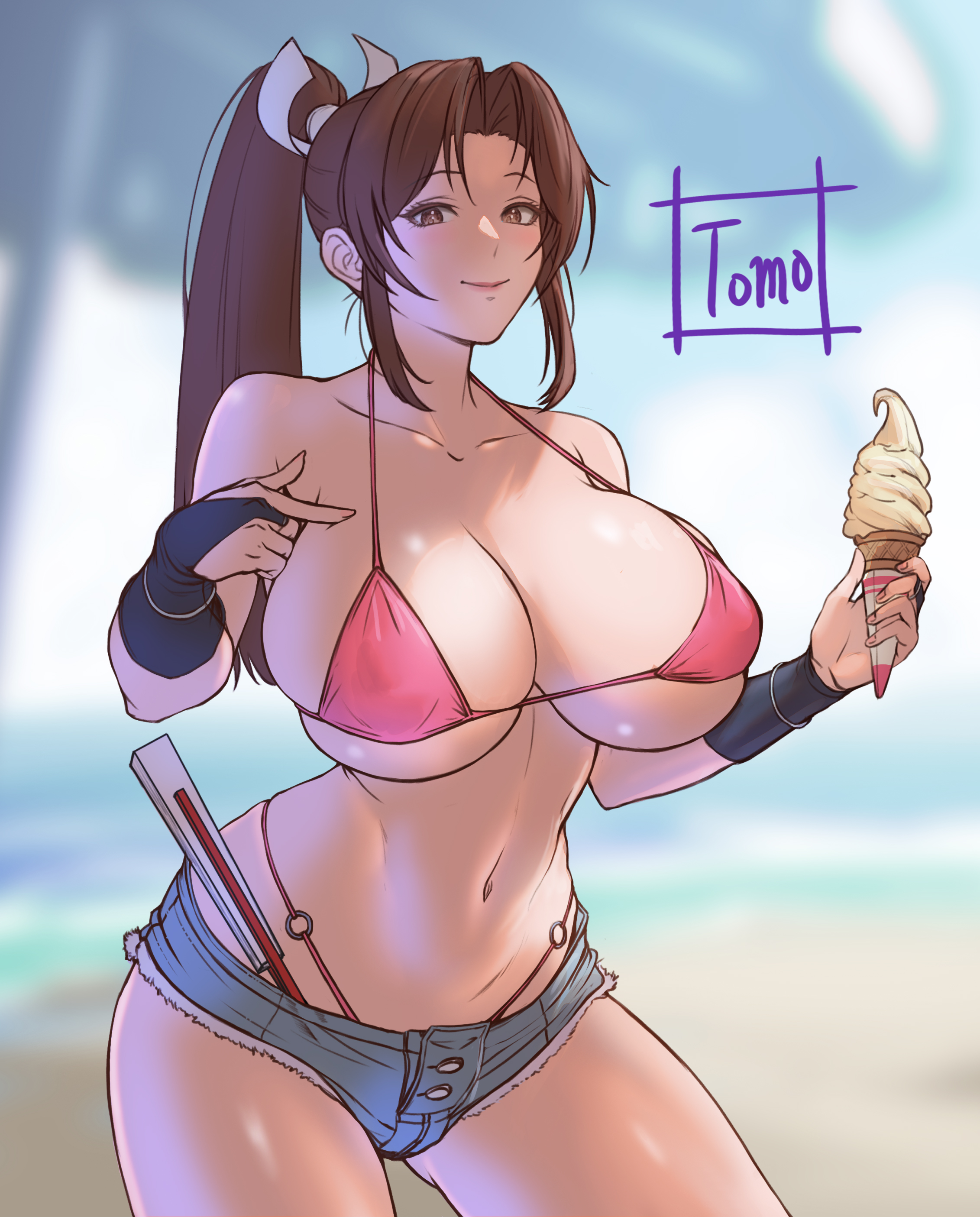 1girls, artist name, bangs, bare shoulders, beach, big breasts, bikini, blurry background, blush, booty shorts, breasts, brown eyes, brown hair, cleavage, clothing, collarbone, curvy, day, denim, denim shorts, eyelashes, fan, fatal fury, female, female focus, female only, food, g-string, gloves, highleg, highleg bikini, hips, holding object, hotpants, huge breasts, human, ice cream, jean shorts, king of fighters, large breasts, lips, lipstick, long hair, looking at viewer, mai shiranui, makeup, micro bikini, navel, ocean, outdoors, pink lipstick, pinup, ponytail, revealing clothes, seductive, shiny skin, short shorts, shorts, sideboob, sidelocks, signature, skimpy, skindentation, smile, snk, solo, solo female, thick thighs, thighs, thong, tied hair, tomo eokaiteru, umbrella, underboob, voluptuous, water, whale tail, wide hips