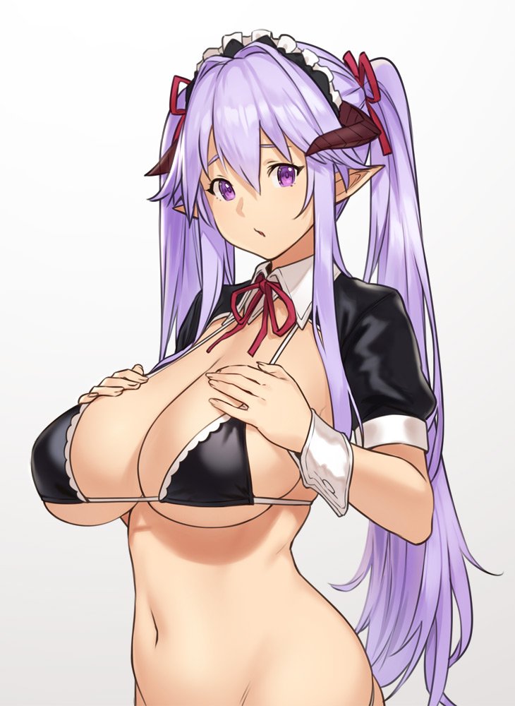big breasts, bra, breasts, cleavage, demon, female, female only, horns, houtengeki, large breasts, long hair, looking at viewer, pointy ears, purple hair, solo, twintails