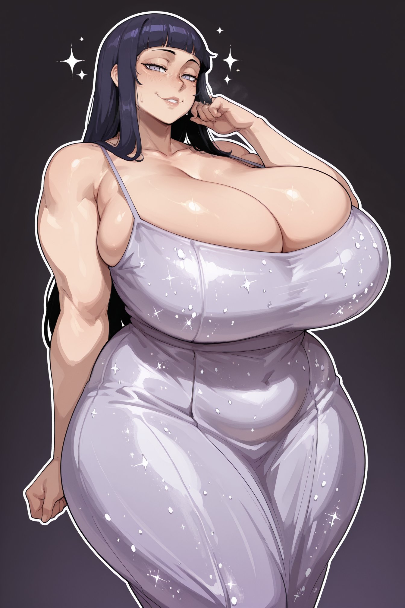 ai generated, bare thighs, black hair, boruto, boruto: naruto next generations, breasts, camisole, female, gigantic breasts, huge breasts, huge thighs, hyuuga hinata, light skin, light-skinned female, long hair, looking at viewer, massive breasts, mature female, milf, naruto (series), oiled body, oiled skin, purple eyes, shounen jump, smiling, solo female, squatting, sweat, sweatdrop, the milk man, thick body, thick female, thick thighs, thighs, uzumaki hinata, voluptuous, voluptuous female