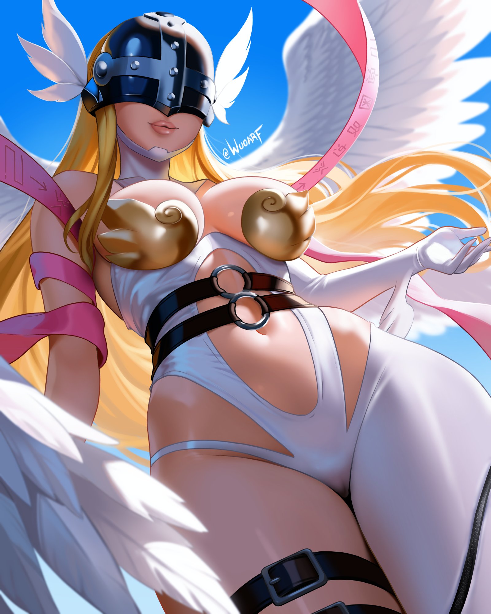 1girls, angel, angel girl, angel wings, angewomon, artist name, asymmetrical clothes, asymmetrical legwear, bare shoulders, blonde hair, breasts, collarbone, covered eyes, digimon, digimon (creature), digimon adventure, elbow gloves, feathered wings, female, female focus, female only, gloves, head wings, helmet, helmet over eyes, highres, lips, long hair, medium breasts, multi wing, pink shawl, shawl, shiny skin, thigh strap, wings, wrist wings, wuoarf