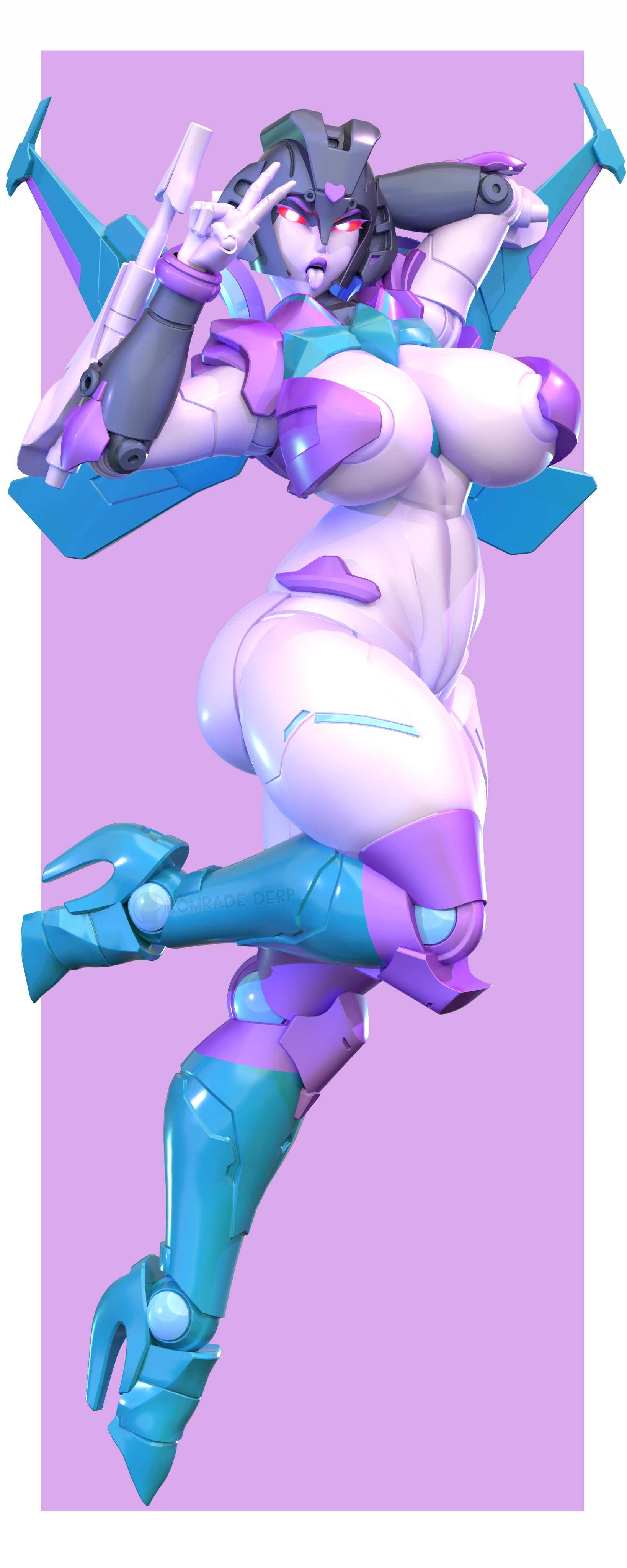1girls, 3d, 3d (artwork), blue skin, breasts, breasts out, curvy, curvy figure, cybertronian, decepticon, female, female focus, female only, flying, girly, hasbro, high heels, high resolution, highres, pinup, purple skin, red eyes, robot, robot girl, robot humanoid, seeker (transformers), sexy, sexy pose, slipstream, tongue, tongue out, transformation, transformers, trawert, two fingers up, wings, wink, winking at viewer