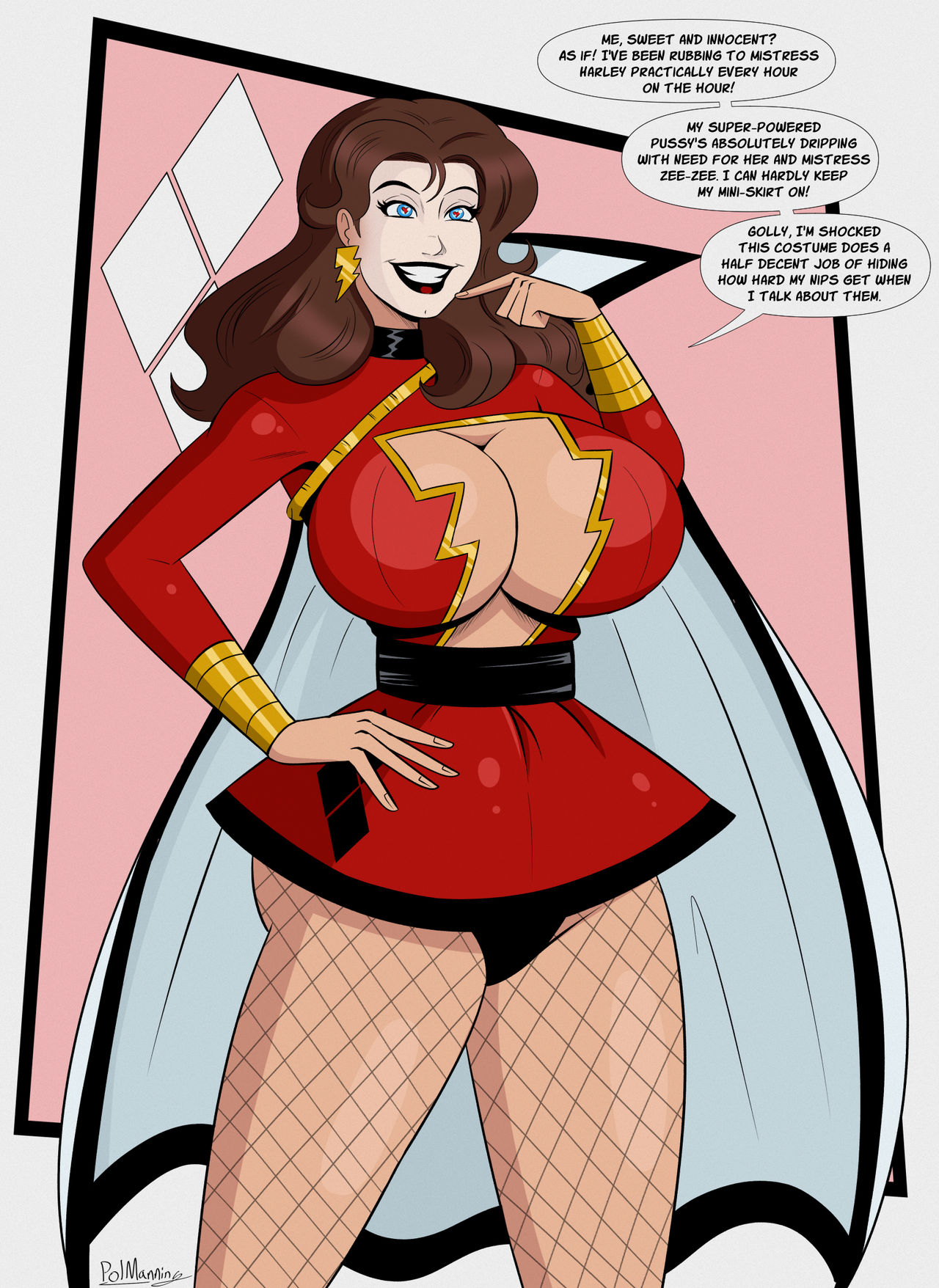 1girls, blue eyes, brain drain, breasts, breasts bigger than head, brown hair, cape, cleavage, commission, corruption, costume, dc, dc comics, dialogue, earrings, english, english text, female, female solo, fishnet legwear, fishnets, hand on hip, harleyfication, heart, heart symbol, heart-shaped pupils, huge breasts, leotard, makeup, mary batson, mary marvel, mind control, polmanning, red lipstick, red pupils, simple background, skirt, solo, speech bubble, text, white facepaint