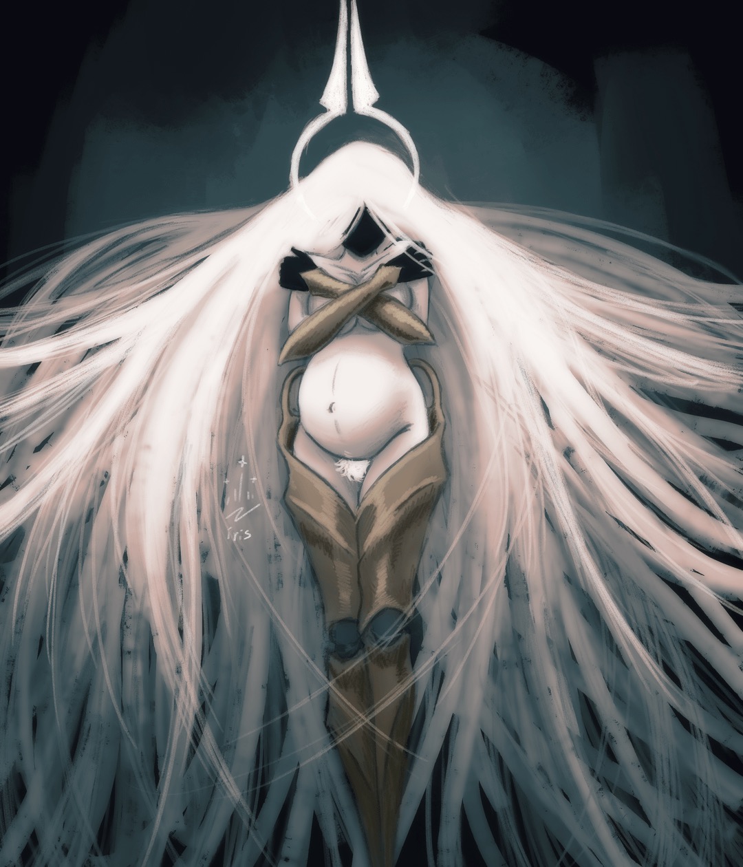 breasts, crossed arms, curvy, faceless, gauntlets, goddess, grand mother silk, halo, hiding breasts, hollow knight, hollow knight: silksong, long hair, pregnant, pubic hair