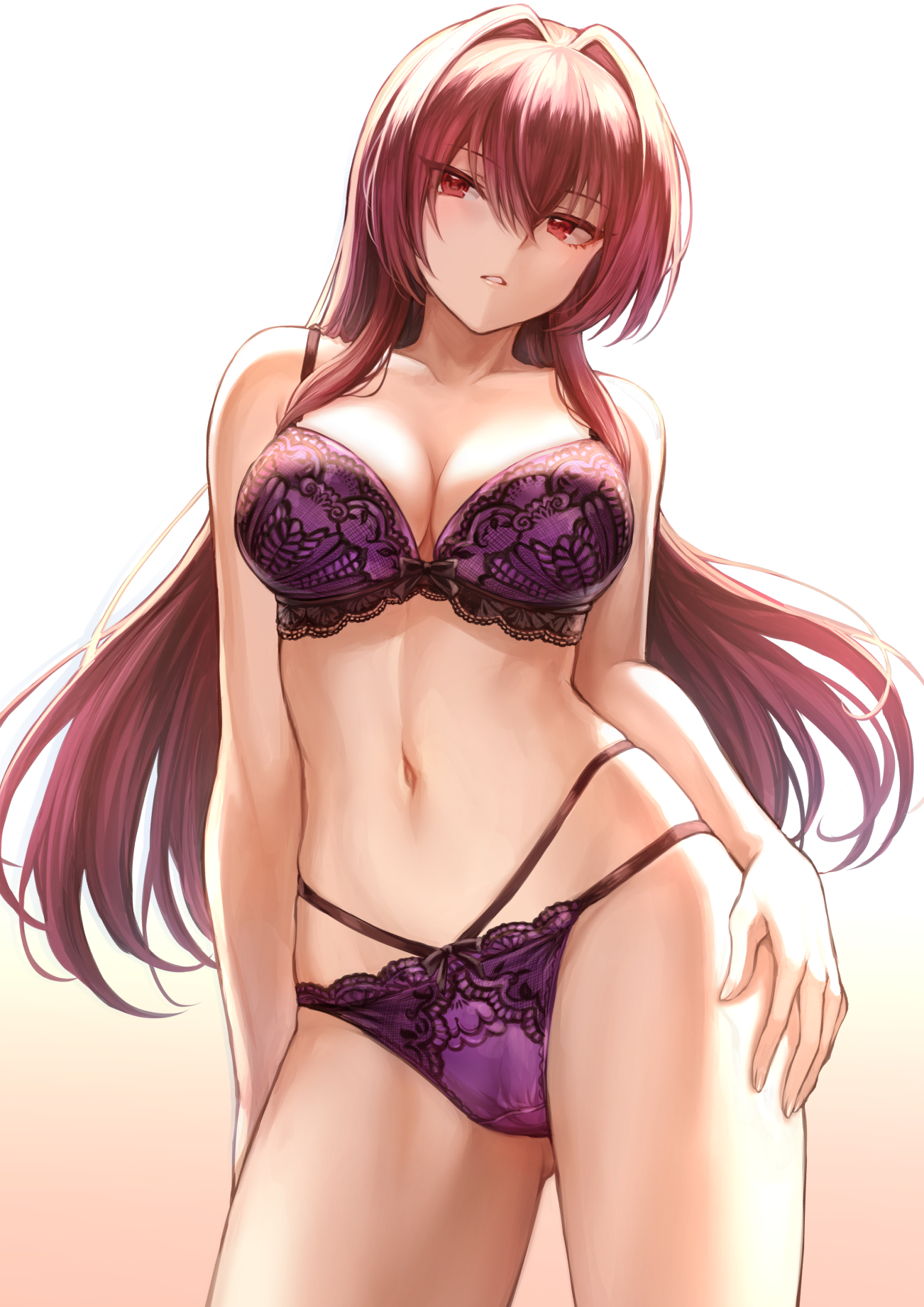 bra, breasts, cleavage, fate (series), fate/grand order, female, female only, lingerie, mashu 003, panties, purple bra, purple panties, scathach (fate), solo, underwear