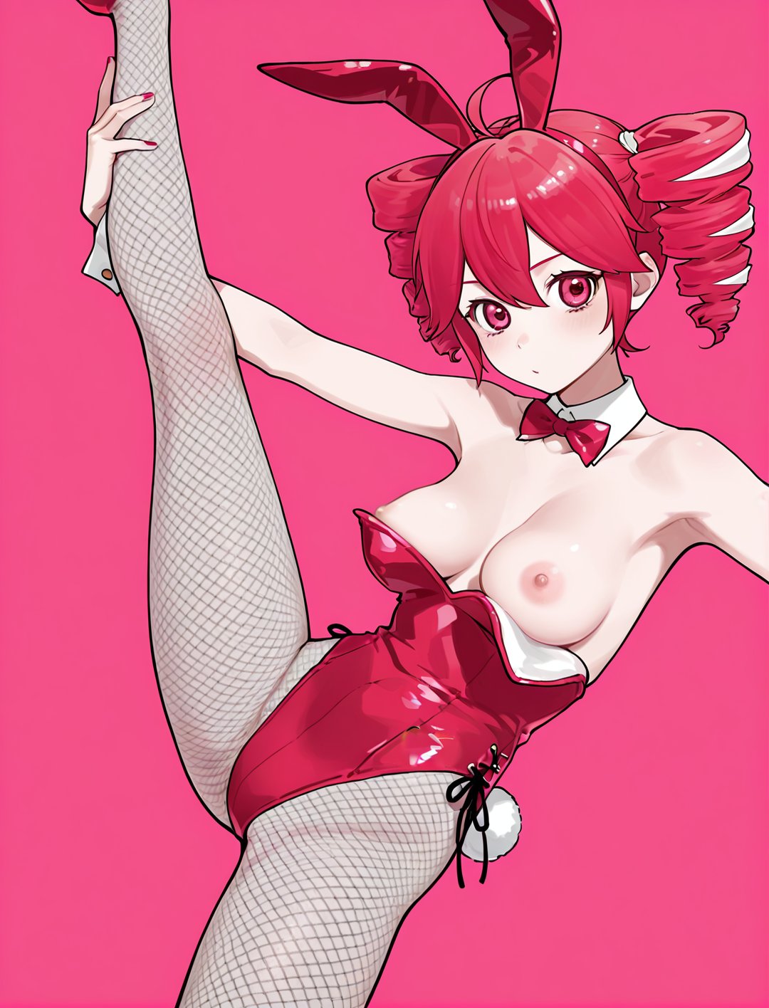 1girls, ahoge, ai generated, areolae, armpits, big breasts, bow, breasts, bunny ears, bunny ears headband, bunny girl, bunny tail, bunnysuit, detached collar, detached cuffs, exposed breasts, female, female only, fishnets, flexible, hair ornament, holding legs, kasane teto, kasane teto (sv), large breasts, latex, loose clothes, nail polish, nipples, one leg up, painted nails, pantyhose, petite, petite female, pink background, playboy bunny, raised leg, red eyes, red hair, red nails, setzerstaffel, simple background, slim waist, solo, solo female, split, splits, standing on one leg, standing split, synthesizer v, thick thighs, twin drills, utau, wardrobe malfunction