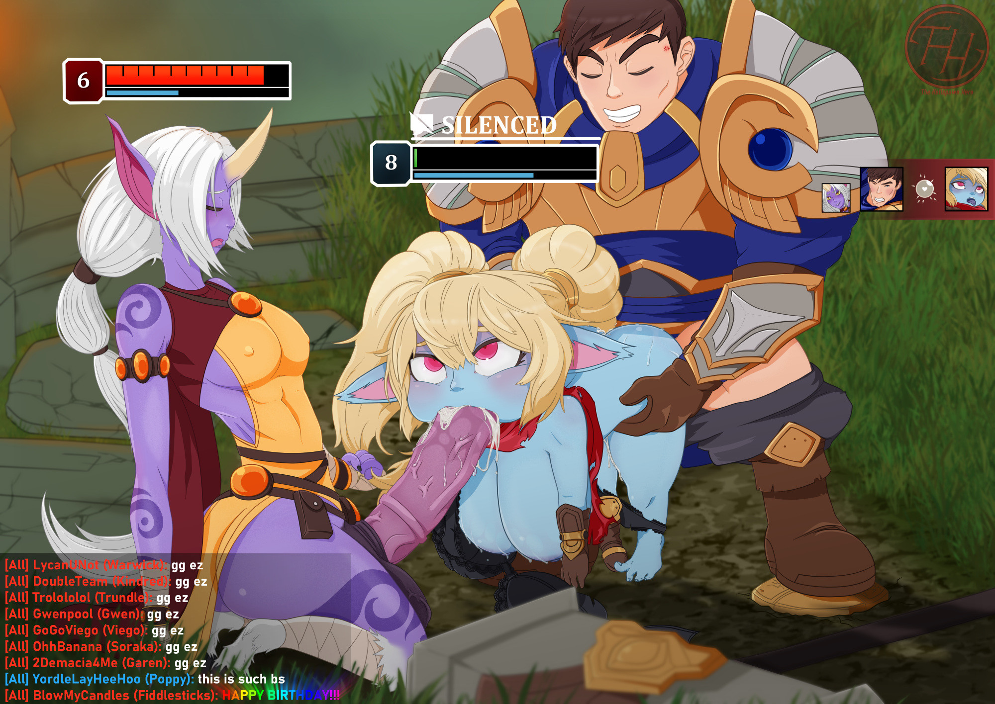 1boy, 1futa, 1girls, animal genitalia on humanoid, ass, barefoot, bent over, big penis, blonde hair, blue body, blue skin, blush, breasts, brown hair, butt, cum, cum in mouth, cum in pussy, cum inside, cumshot, dfm threesome, ejaculation, english text, feet, fellatio, female, from behind, futa on female, futa/male teamwork, futanari, game, game mechanics, gank, garen, garen crownguard, goat, hellspawn hero, hooves, horn, horsecock, horsecock futa, horsecock on humanoid, huge, huge breasts, huge cock, impregnation, intersex, kneeling, larger futa, larger male, league of legends, long hair, male, monster girl, open mouth, oral, penis, pointy ears, ponytail, poppy, purple body, purple skin, pussy, rape, shortstack, size difference, smaller female, soraka, spitroast, teamwork, text, thick penis, threesome, twintails, vaginal penetration, white hair