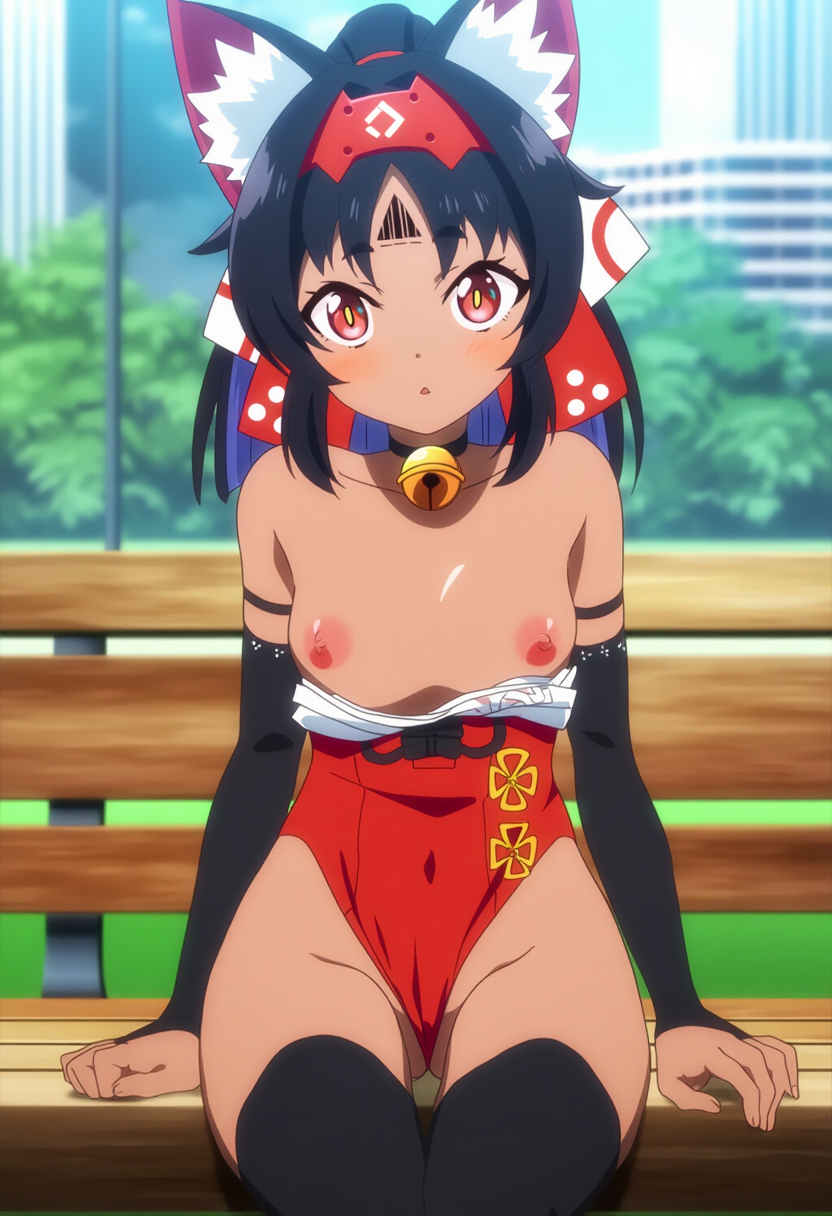 ai generated, blush, breasts, breasts out, cat girl, catgirl, exhibitionism, female, hoyoverse, loose clothes, nekomata, nekomiya mana, nipples, open clothes, outdoors, public, public nudity, sitting, thigh gap, video games, zenless zone zero