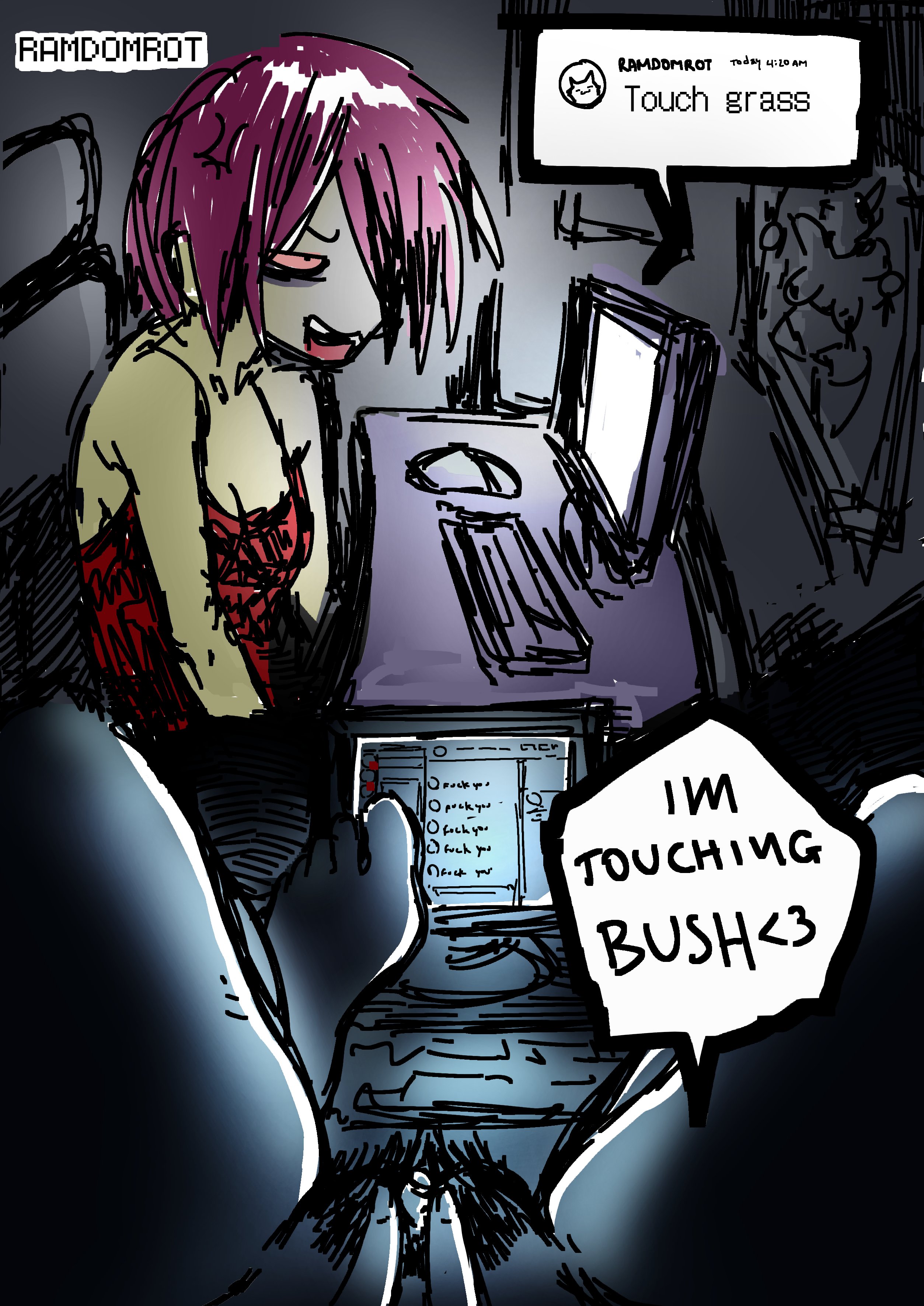 1girls, 2 panel comic, 2025, 2d, 2d (artwork), artist name, clitoris, computer, computer monitor, female, goonette, hairy pussy, high on weed, looking at screen, masturbation, pov, pussy, ramdomrot, rough drawing, tagme, text, text bubble, touch grass (meme), vagina