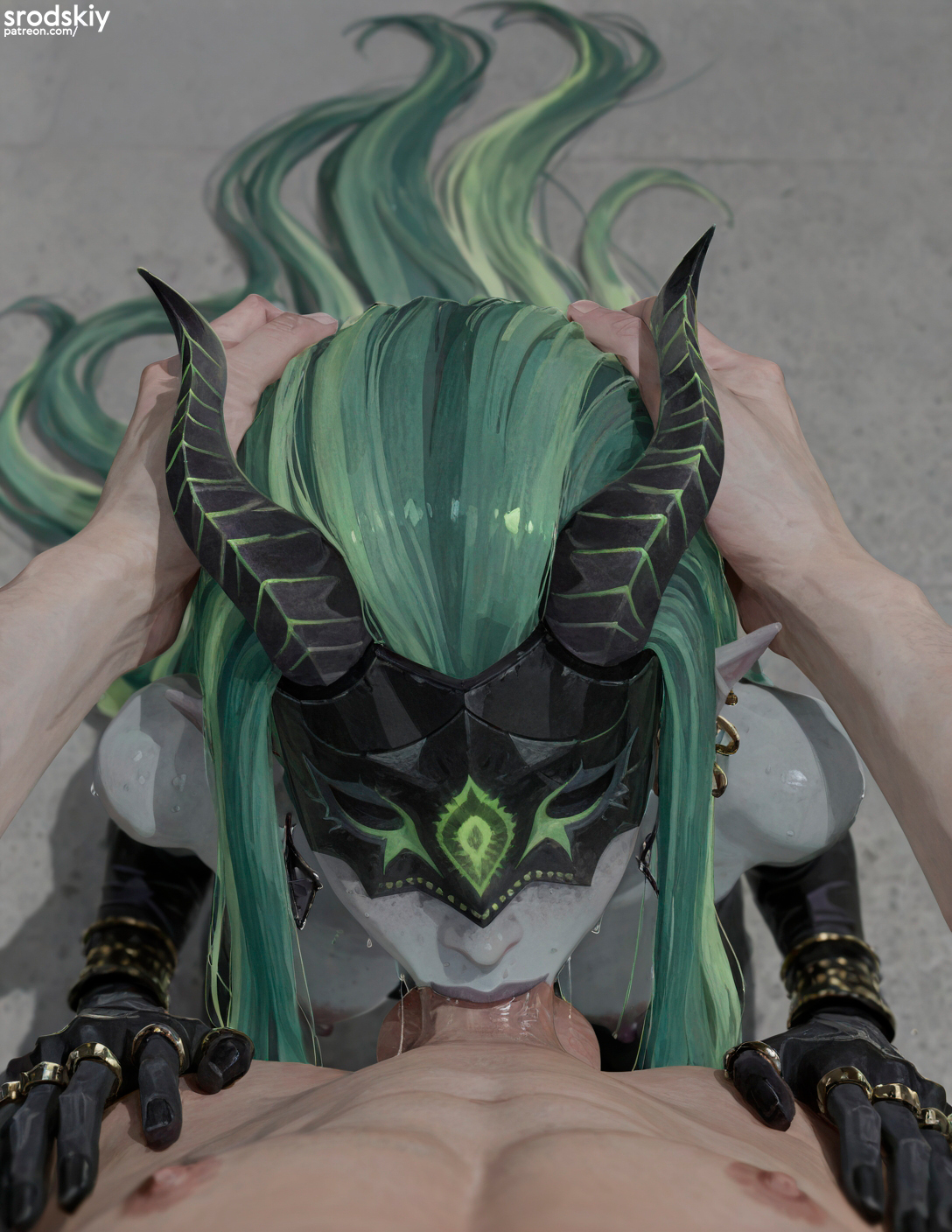 1boy, 1boy1girl, 1girls, afk (series), afk journey, ai generated, athletic, athletic female, balls, blowjob, breasts, colored skin, deep blowjob, deepthroat, elf, elf ears, elf female, elf girl, erection, fellatio, female, game, green hair, grey skin, hi res, high quality, high resolution, highres, horns, long hair, male, mask, mature female, medium breasts, monster girl, multicolored hair, navel, nipples, penis, penis in mouth, pov, pov blowjob, shemira, srodskiy, testicles, uncensored, vulgar