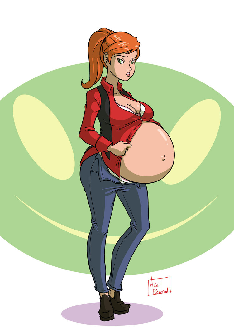 1girls, annoyed, axel-rosered, belly, belly expansion, ben 10, ben 10 alien force, ben 10 ultimate alien, bra, breasts, button down shirt, cartoon network, cleavage, clothed, clothing, female, female only, green eyes, gwen tennyson, gwen tennyson (alien force), huge belly, jeans, light skin, light-skinned female, navel, open fly, orange hair, panties, ponytail, pregnant, pursed lips, ready to pop, resting breasts, shirt lift, shirt pull, solo, straining buttons, tied hair, tight clothing, unsure, white bra, white panties