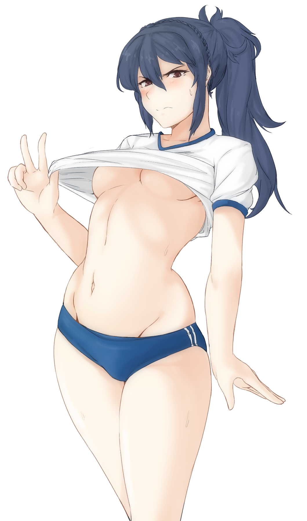 1girls angry arms bad_censor bare_arms bare_legs bare_midriff blue_hair blue_panties blush braid breasts brown_eyes censored cleavage clothing covered_nipples covering embarrassed female female_only fire_emblem fire_emblem_fates gym_uniform hands legs long_hair looking_at_viewer midriff navel oboro_(fire_emblem) ponytail pulling short_shirt short_shorts short_sleeves shorts showing solo sweat sweatdrop thick_thighs thighs transparent_background tridisart underboob underwear white_shirt