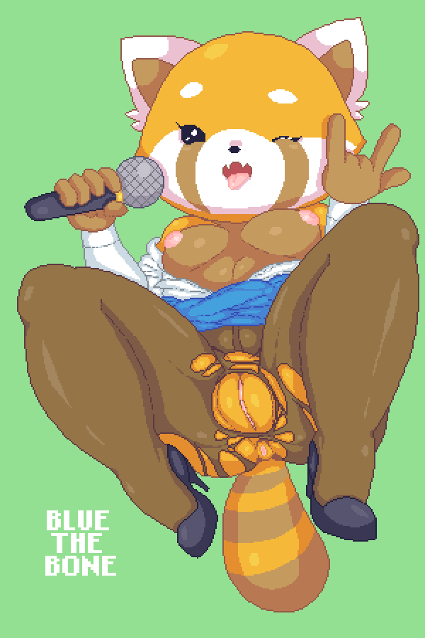 2d aggressive_retsuko anthro anus areolae artist_name black_eyes bluethebone breasts clothed clothing corna crotch_cutout exposed_anus exposed_pussy female female_only footwear fur furry furry_only gesture green_background high_heels mammal medium_breasts microphone nipples nylons office_lady pantyhose partially_clothed pixel_art puffy_nipples pussy red_panda retsuko ringed_tail sanrio simple_background smooth_skin solo spread_legs tail tongue tongue_out torn_clothes wink