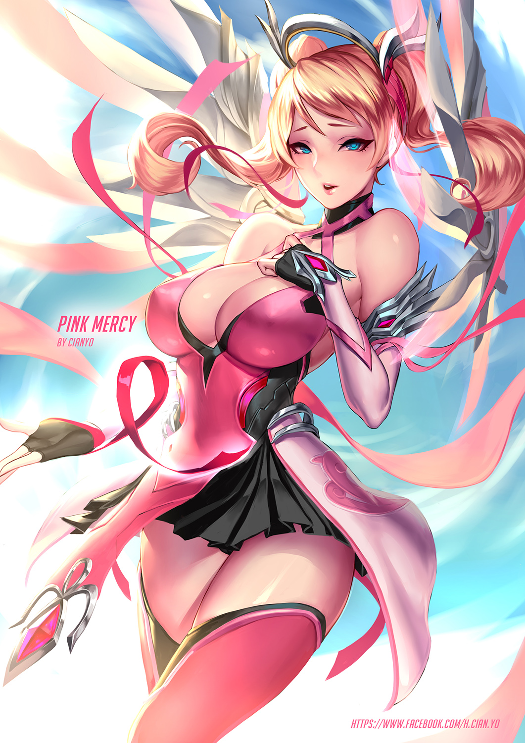 1girls, alternate costume, big breasts, blizzard entertainment, blonde hair, breasts, cianyo, cleavage, female, large breasts, long hair, looking at viewer, mercy, overwatch, pink mercy, skirt, solo, thighhighs, twintails