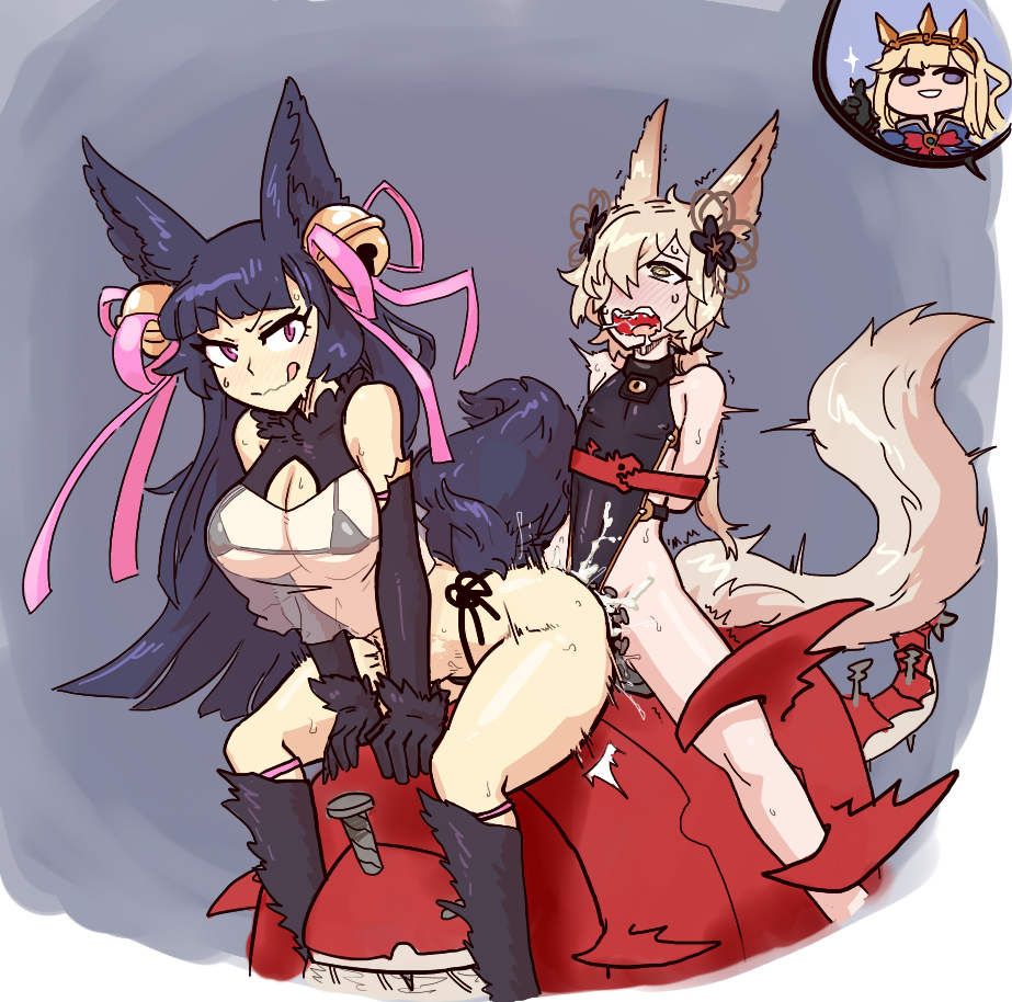 1boy 1girls animal_humanoid arm_warmers armwear bikini blonde_hair blush breasts cagliostro clothing crown cum cum_overflow drooling erune femboy femboy_on_female femboysub femdom forced granblue_fantasy hair humanoid kou leashed_to_genitals licking licking_lips malesub motion_lines purple_eyes rape restrained reverse_rape saliva sex smile straight sweat swimsuit thetenk thumbs_up tongue tongue_out yuel yuel_(granblue_fantasy)