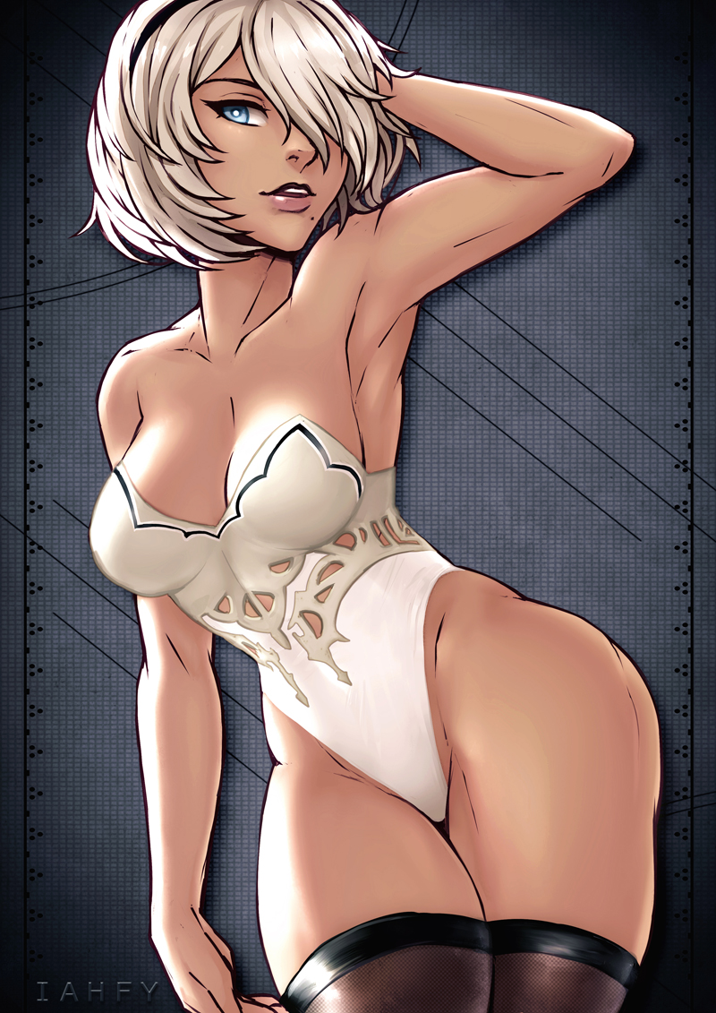 breasts, cleavage, female, female only, hair over one eye, iahfy, looking at viewer, nier, nier: automata, solo, thighhighs, yorha 2b