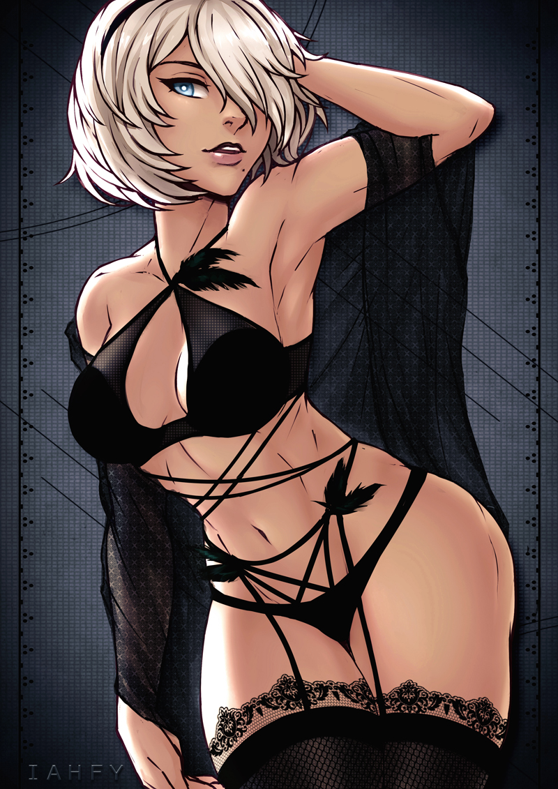 breasts, cleavage, female, female only, hair over one eye, iahfy, looking at viewer, nier, nier: automata, panties, solo, thighhighs, yorha 2b