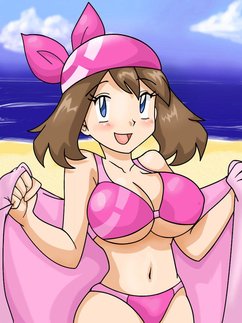 1girls alternate_bandana_color big_breasts bikini blue_eyes blush brown_hair cleavage female huge_breasts human human_only large_breasts may_(pokemon) pink_bandana pink_bikini pink_bra pokemon sinister_serpent sinisterzerpent tagme wide_hips