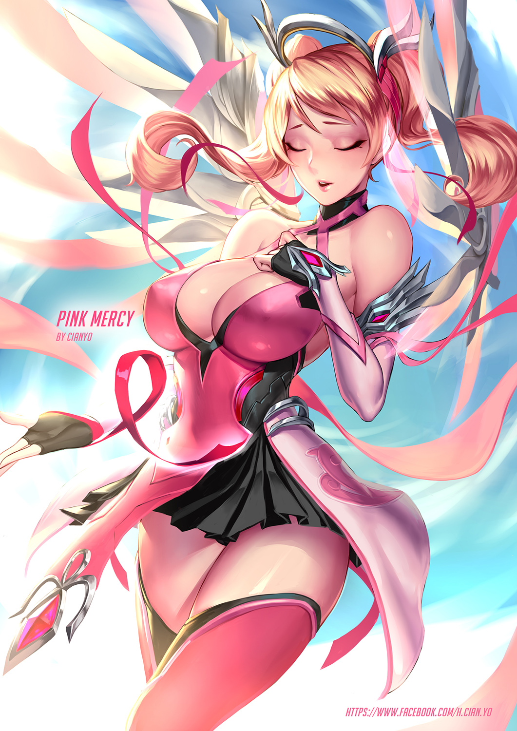 1girls, alternate costume, big breasts, blizzard entertainment, blonde hair, breasts, cianyo, cleavage, closed eyes, female, large breasts, long hair, mercy, overwatch, pink mercy, skirt, solo, thighhighs, twintails