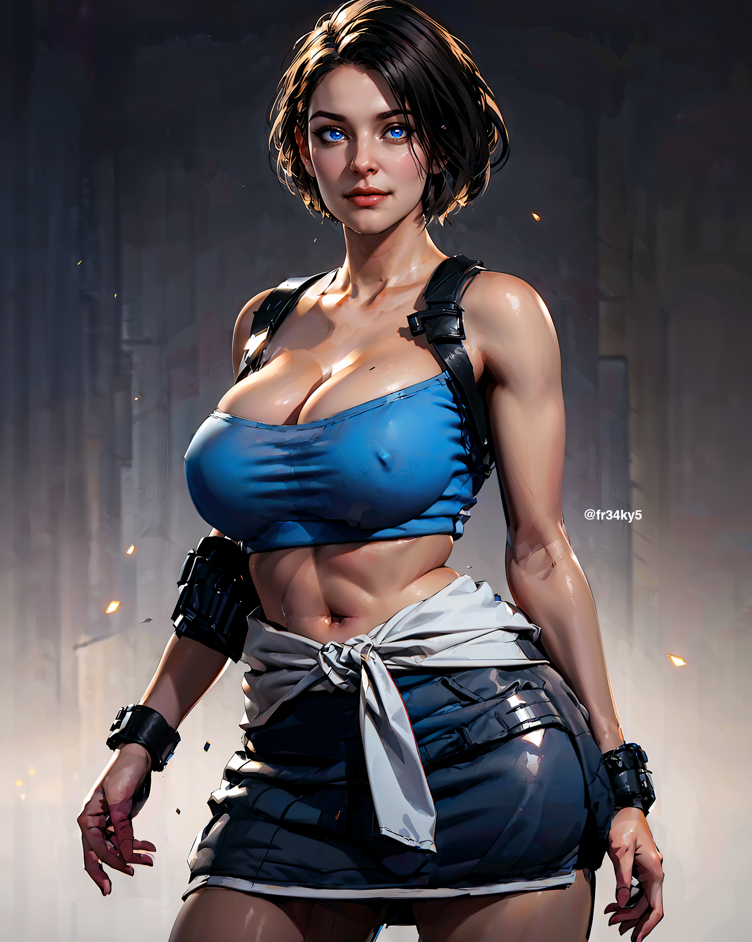 ai generated, big breasts, breasts, brown hair, female, fr34ky, jill valentine, jill valentine (sasha zotova), looking at viewer, medium hair, resident evil, resident evil 3, resident evil 3 remake, stable diffusion