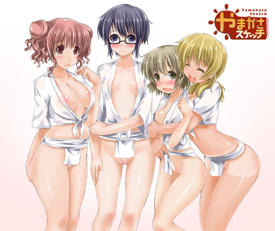 4girls abubu between_labia blush breasts female female_only flat_chest fundoshi glasses happi hidamari_sketch innie_pussy japanese_clothes kimono miyako multiple_girls nipple_slip nipples pink_background sae tan tanline yamakasa yuno