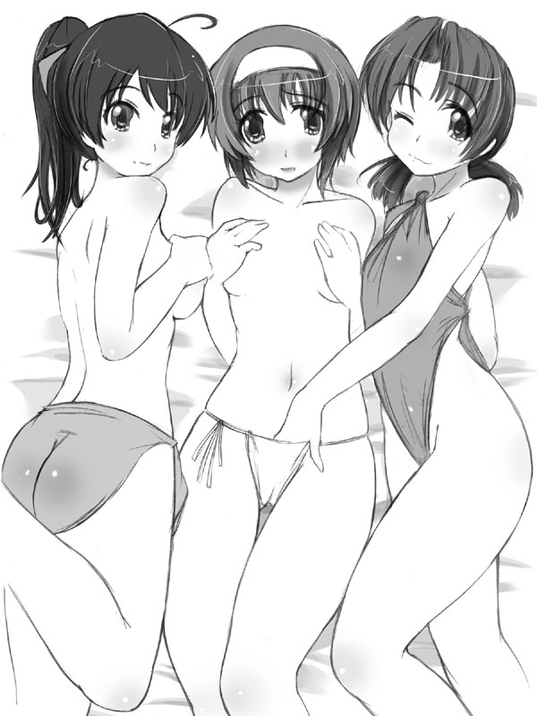 3girls abubu arisaka_kazuki ass bed bikini breasts chihaya_suzuhara covering covering_breasts female flat_chest fundoshi group_sex hand_in_another's_panties hand_in_panties kazuki_arisaka looking_back medium_breasts miu_serizawa monochrome multiple_girls panties ponytail serizawa_miu sex short_hair small_breasts suzuhara_chihaya swimsuit threesome tied_hair tonagura topless underwear underwear_only wink yuri