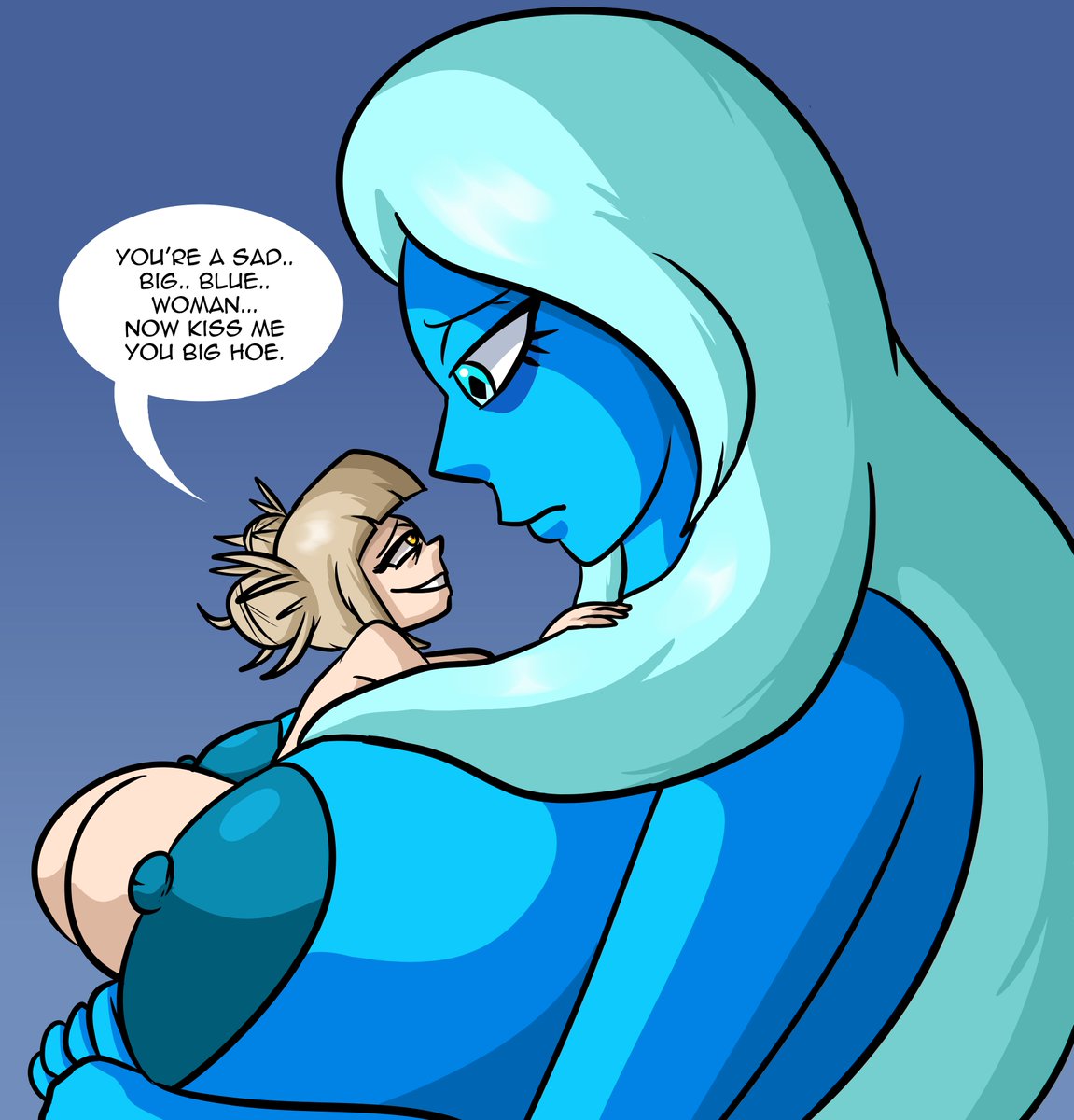 2girls, ass, blue diamond (steven universe), blue eyes, blue hair, blue skin, boku no hero academia, breasts, crossover, dialogue, eastern and western character, english text, female, giantess, gigantic breasts, gigantic nipples, himiko toga, kiss, kiss on lips, kissing, large ass, light skin, light-skinned female, max1mus, my hero academia, nude, nude female, speech bubble, steven universe, text, text bubble, toga himiko, yuri