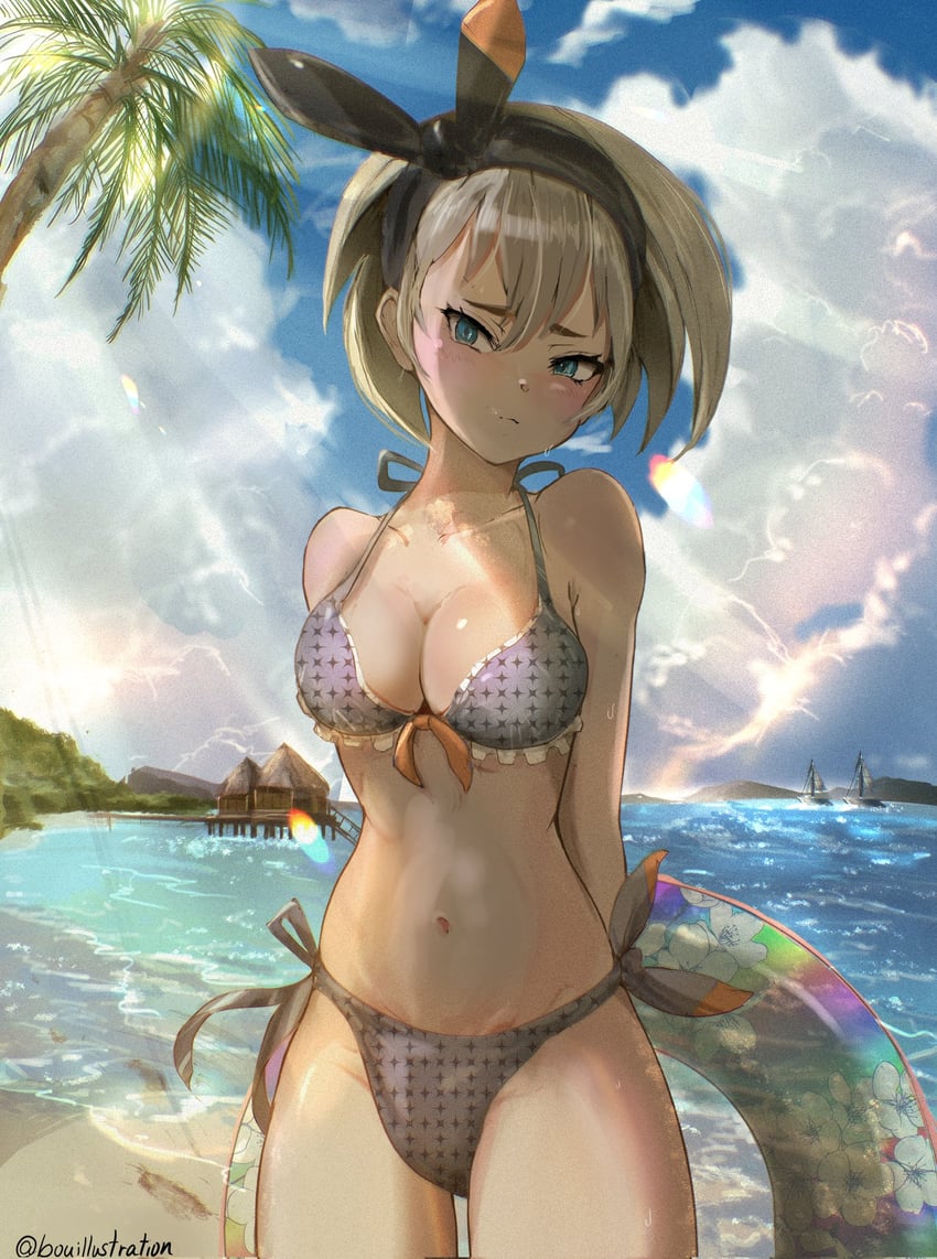 bare shoulders, bea (pokemon), beach, bikini, black hairband, blue eyes, blush, bo (bouillustration), breasts, cleavage, closed mouth, collarbone, dark skin, dark-skinned female, female, frilled bikini, frills, grey hair, hair between eyes, hairband, highres, holding, holding swim ring, innertube, looking at viewer, medium breasts, outdoors, pokemon, pokemon swsh, short hair, solo, sunlight, swim ring, swimsuit, water