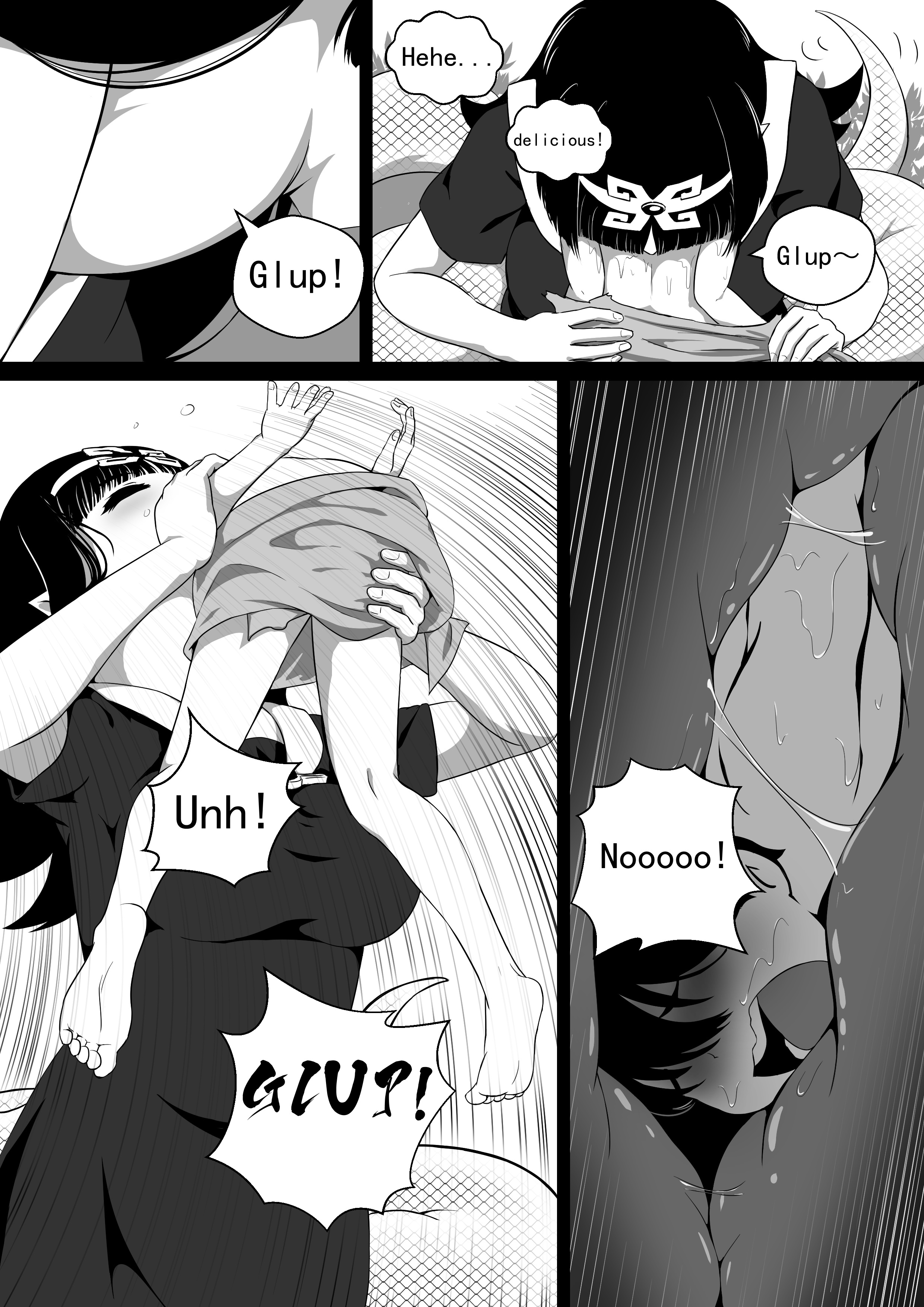 1boy, 1girls, cg17, comic, digestion, female, female pred, lamia, male, monochrome, naga, oral vore, snake, tagme, unwilling prey, vore