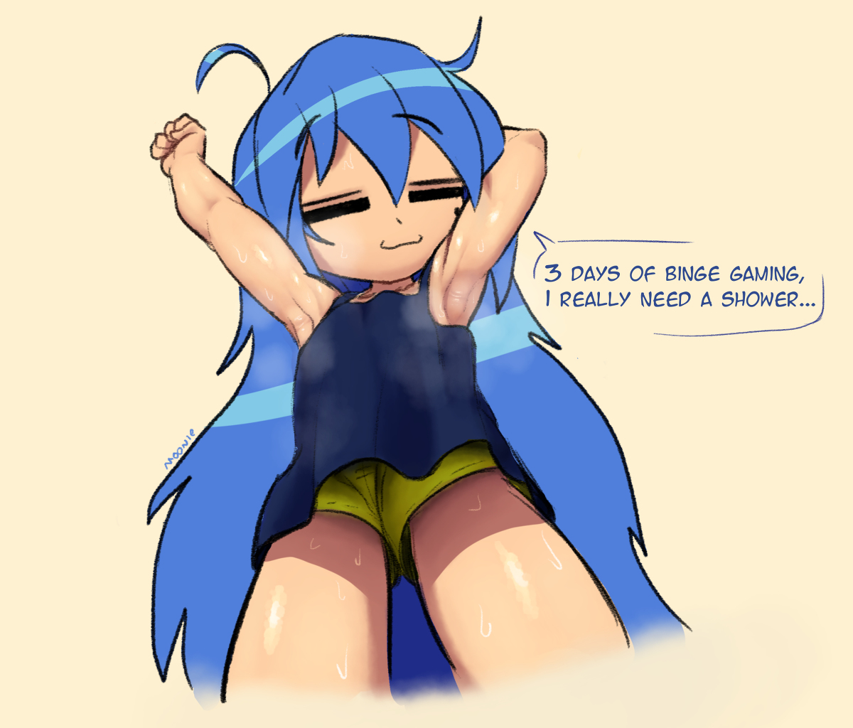 1girls, armpit fetish, armpits, blue hair, clothing, dirty, female, female only, konata izumi, lilmoonie, lucky star, mole, mole under eye, presenting armpit, presenting armpits, shorts, smell, solo, sweat, sweaty armpits
