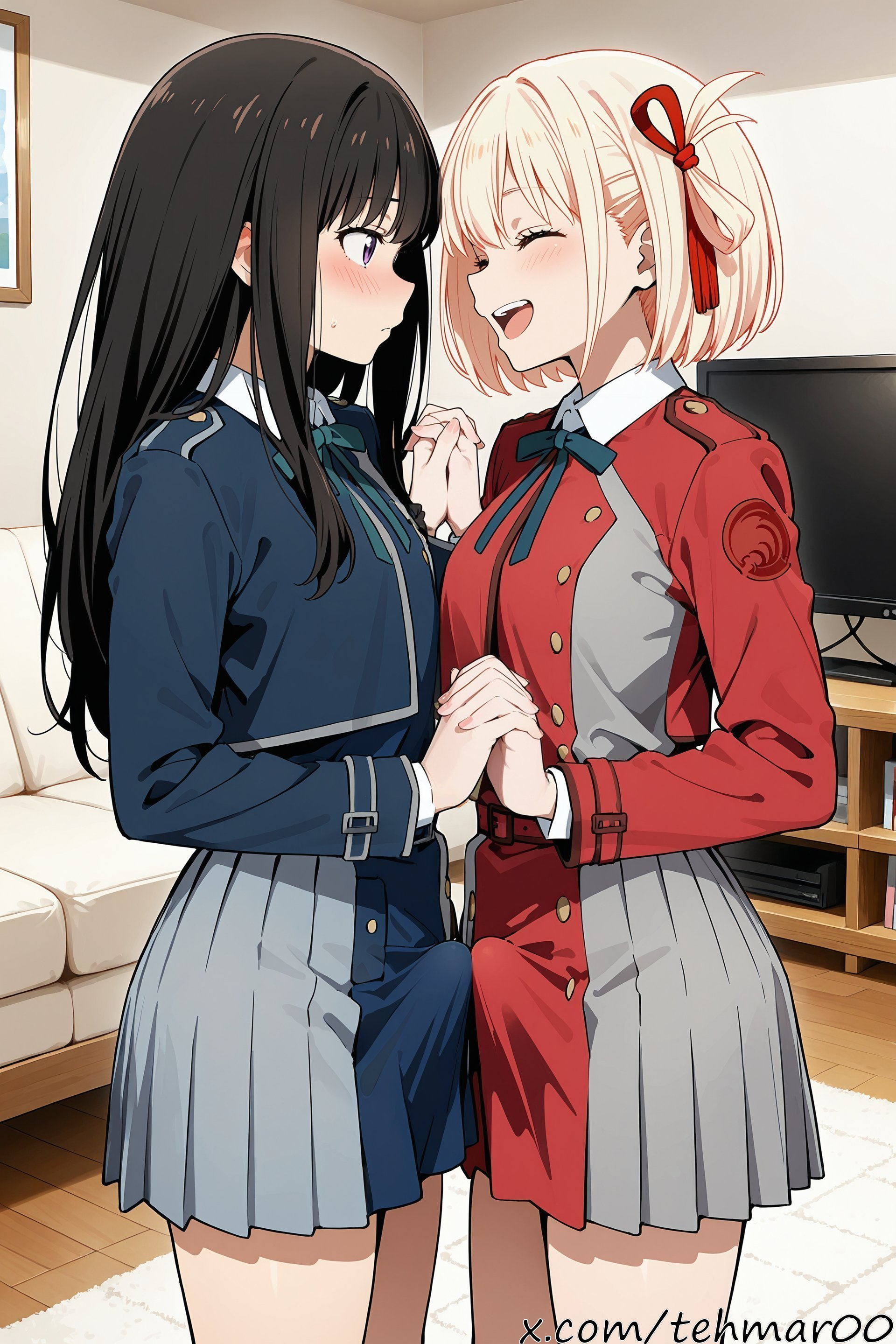 2boys, ai generated, bangs, belt, black hair, blonde hair, blue dress, blue ribbon, blush, buttons, closed eyes, collared shirt, dress, erection, facing another, femboy, genderswap (ftm), grey dress, hair ribbon, holding hands, indoors, inoue takina, interlocked fingers, long hair, looking at another, lycoris recoil, male, neck ribbon, nishikigi chisato, open mouth, penises touching, pleated dress, purple eyes, red dress, red ribbon, ribbon, rule 63, school uniform, shirt, short hair, smile, standing, tagme, tehmar, trans woman, transfem, trap, two-tone dress, white shirt, yaoi
