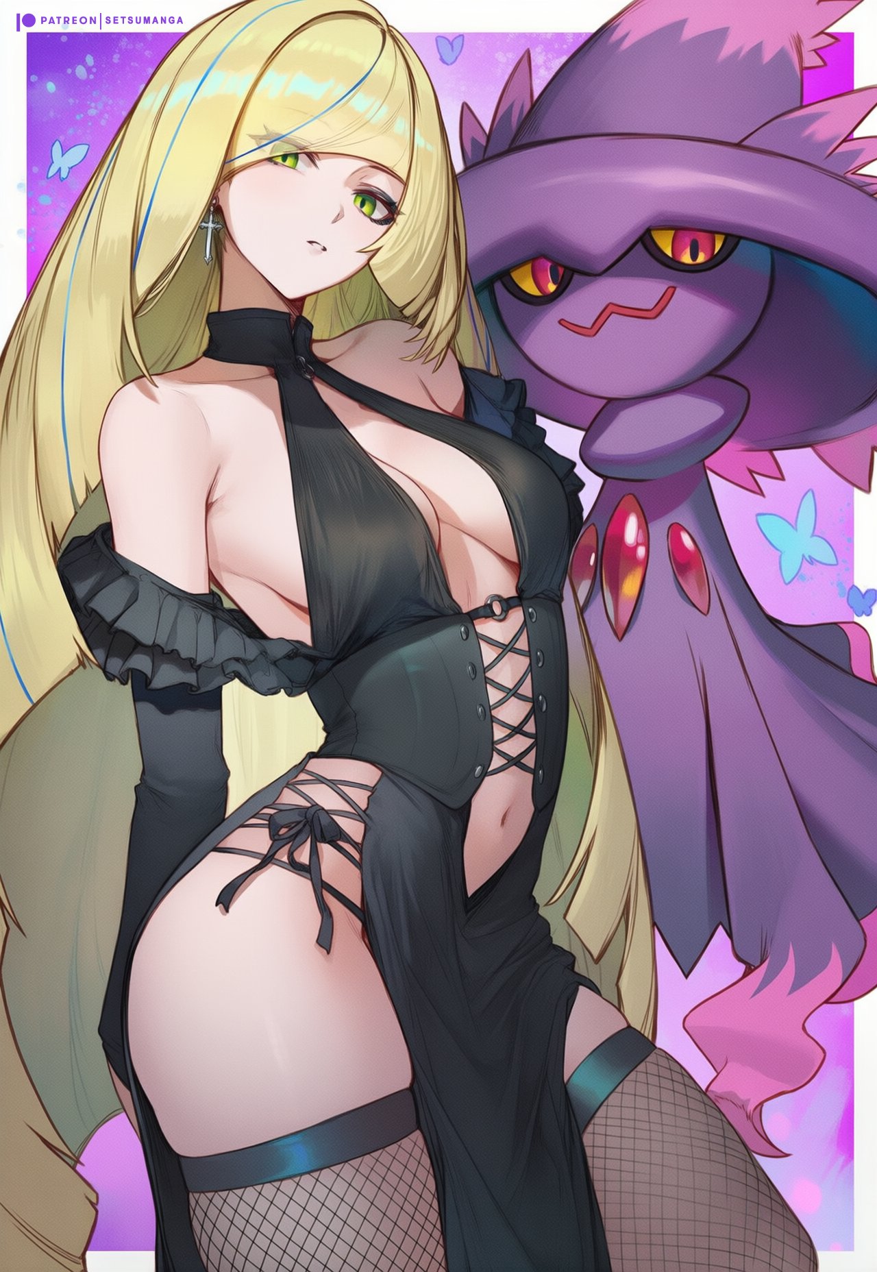 1girls, ai generated, alternate costume, bangs, bare shoulders, black choker, black dress, black ribbon, blonde hair, breasts, center opening, choker, collarbone, cross, cross earrings, dress, earrings, female, fishnet legwear, fishnets, goth, goth girl, green eyes, hair ornament, hair over one eye, hair ribbon, jewelry, long hair, long sleeves, looking at viewer, lusamine (pokemon), midriff, mismagius, navel, nintendo, off shoulder, parted lips, pokemon, pokemon (creature), pokemon sm, ribbon, setsuaiart, thigh strap, very long hair