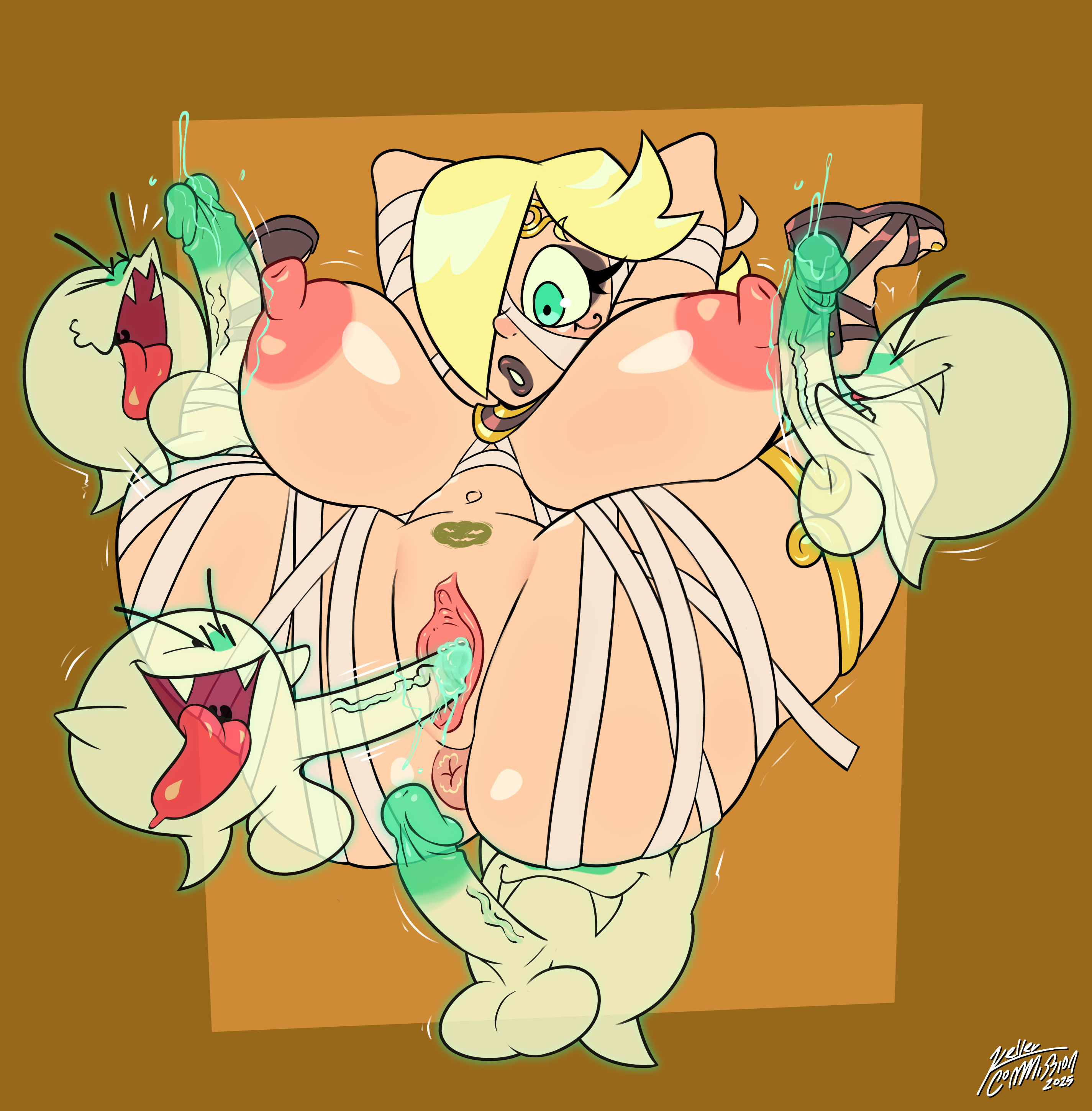 1girls, 5tflldartist5, anal sex, anus, ass, bandages, big penis, black eyeshadow, boo (mario), breasts, collar, double penetration, female, gangbang, ghost, halloween, halloween costume, handjob, kellertheartist, long hair, male, mario (series), mummy, mummy costume, mummy wrappings, necklace, nintendo, open mouth, orgy, penetration, penis, precum, princess rosalina, pubic hair, puffy pussy, pussy, solo, solo female, spread anus, spreading, super mario bros., vaginal penetration, vaginal sex