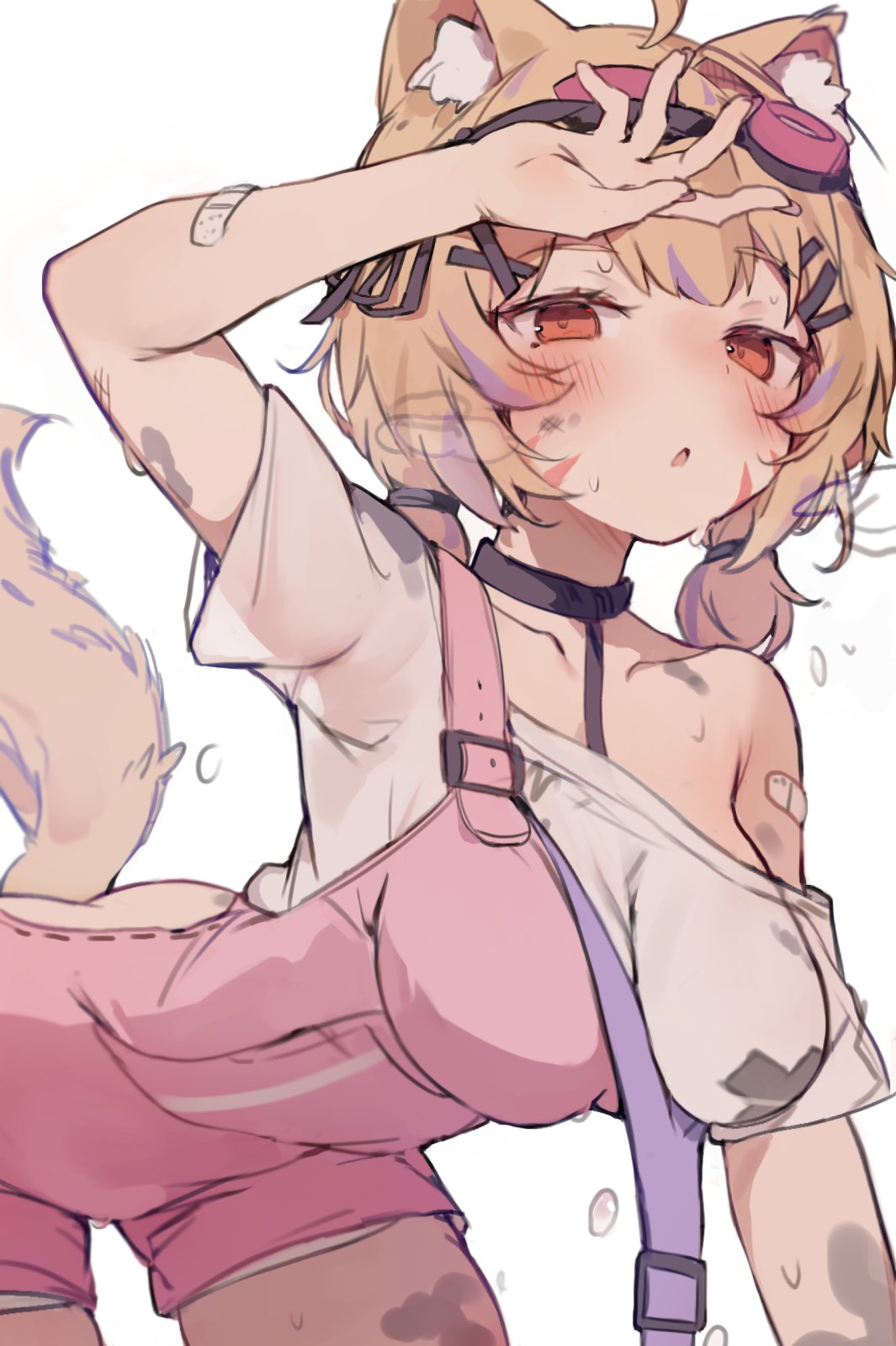 animal ear fluff, animal ears, bandaged arm, bandaged leg, bandages, bandaid, bandaid on arm, bandaid on face, bandaid on knee, bandaid on leg, blonde hair, blush, breasts, bruise, choker, female, hair ornament, hairclip, injury, orobou, parted lips, red eyes, shirt, short hair, short sleeves, shorts, solo, squchan (vtuber), tail, twintails, virtual youtuber, vyugen