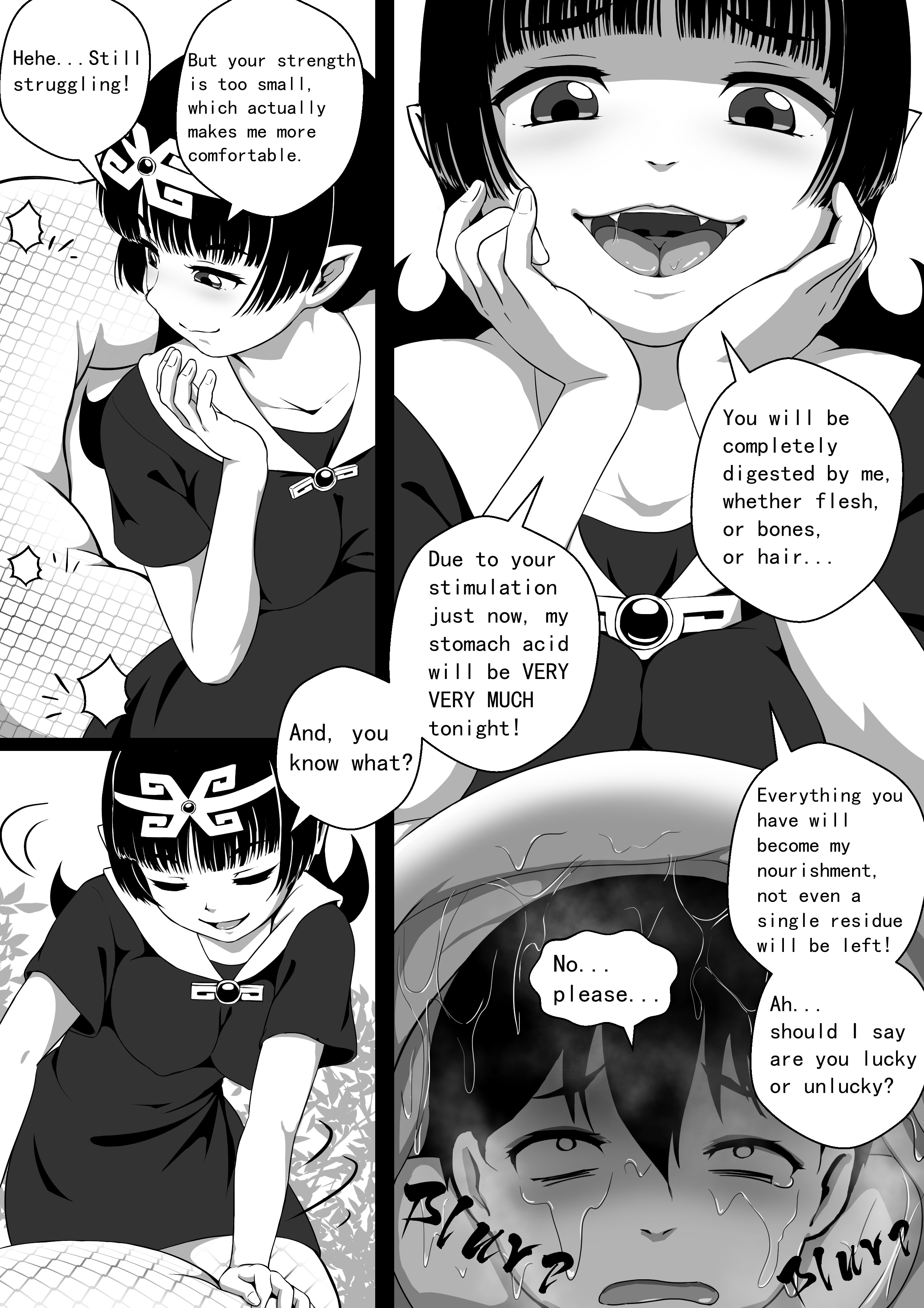 1boy, 1girls, cg17, comic, digestion, female, female pred, lamia, male, monochrome, naga, oral vore, snake, tagme, unwilling prey, vore