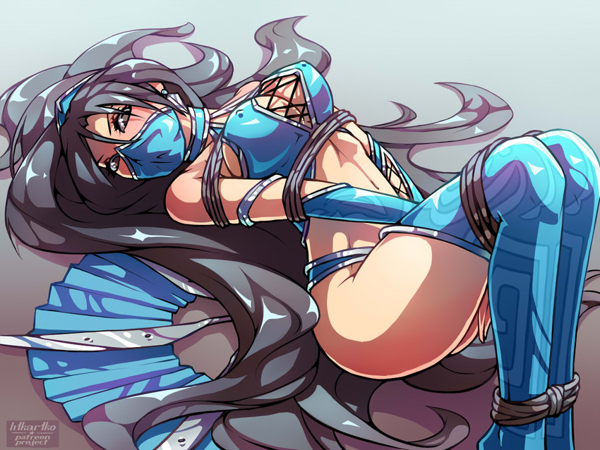armlet, bad id, bad pixiv id, bare shoulders, between legs, black eyes, black hair, blue thighhighs, bondage, bound, breasts, cleavage, cleavage cutout, clothing cutout, covered nipples, earrings, female, folding fan, h1kar1ko, hair spread out, hand fan, holding, jewelry, kitana, kitana (mk9), large breasts, legs together, long hair, lying, mask, midriff, mortal kombat, mortal kombat (2011), mortal kombat (series), mouth mask, navel, ninja, ninja mask, on back, rope, solo, thighhighs, very long hair